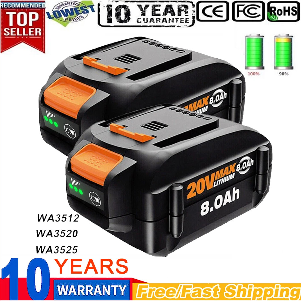 2PACK 8.0Ah For WORX 20V 8AH MAX Extend Lithium-Ion Battery WA3525 WA3575 WA3520
