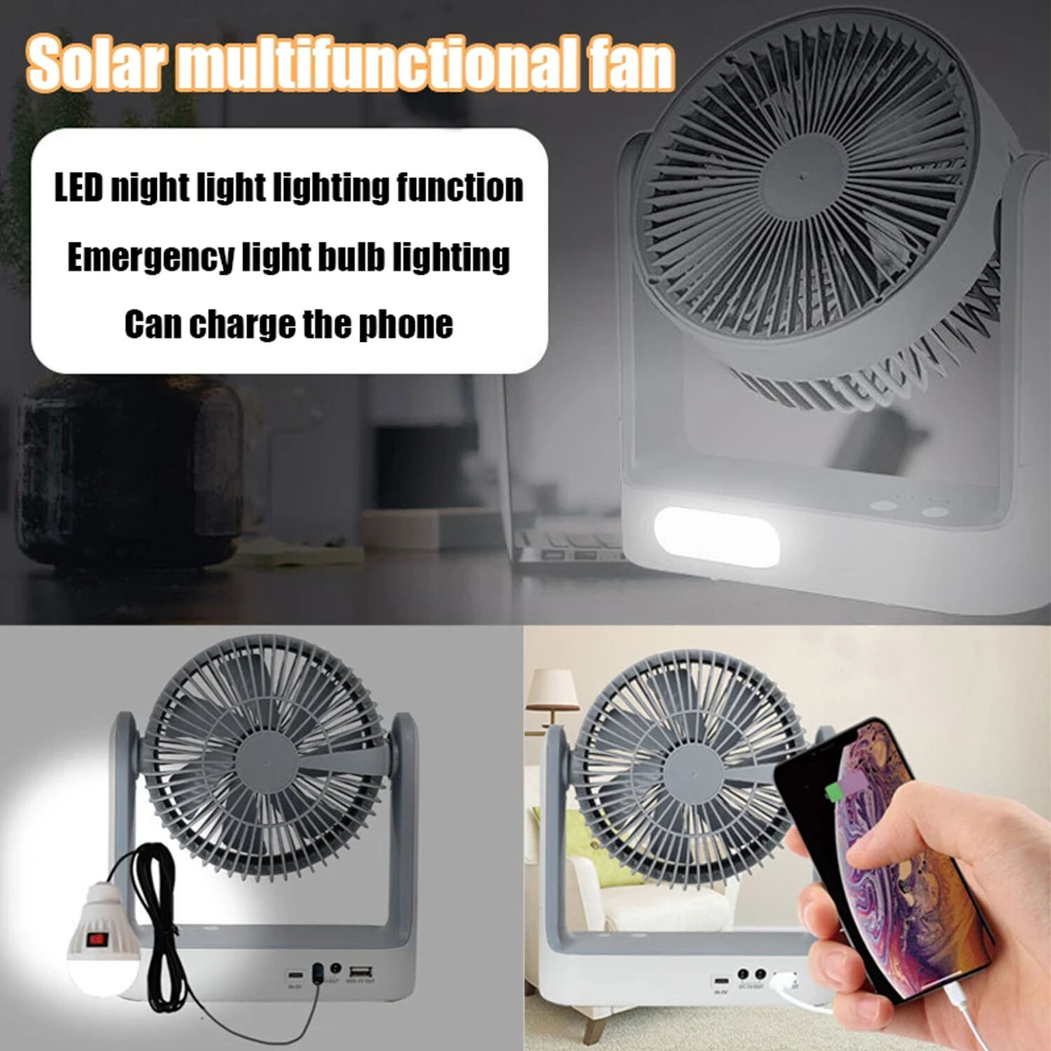2pack Rechargeable Solar Fan Set w/ Solar Panel 3 Speeds LED light 4 Free Bulbs
