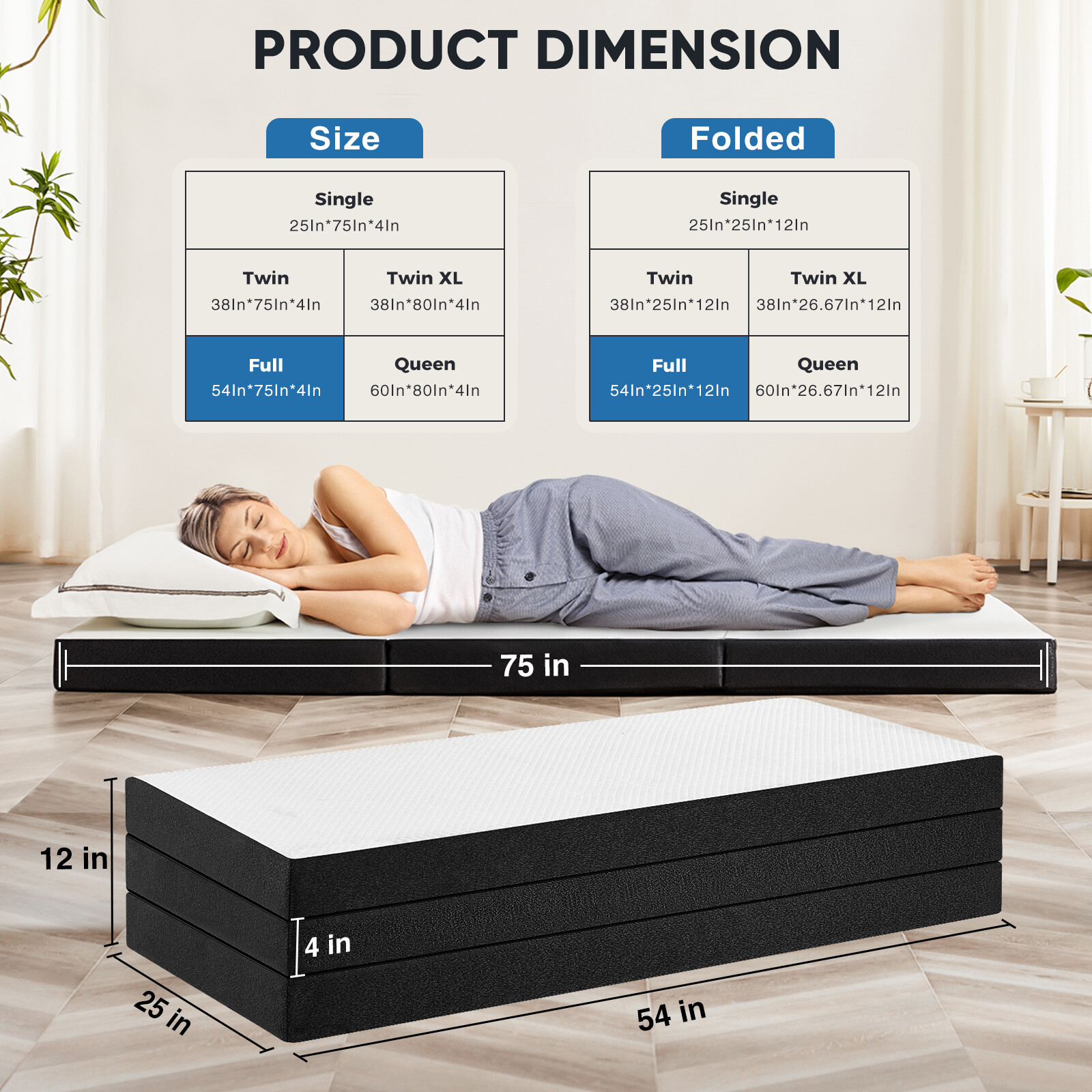 4″ Tri-fold Memory Foam Mattress, Foldable Portable Floor Bed,Washable Cover
