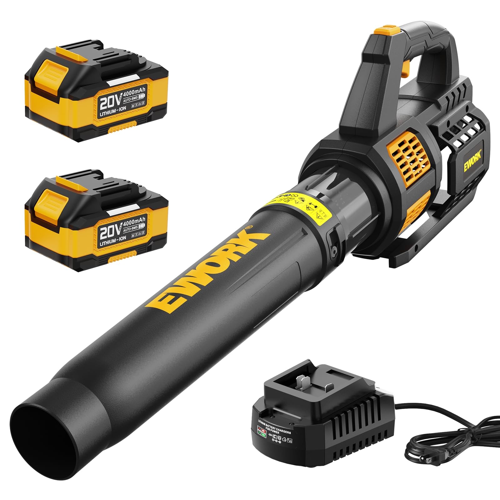 EWORK 20V Cordless Leaf Blower, 550CFM 150MPH Turbo, 2×4.0Ah Batteries Black