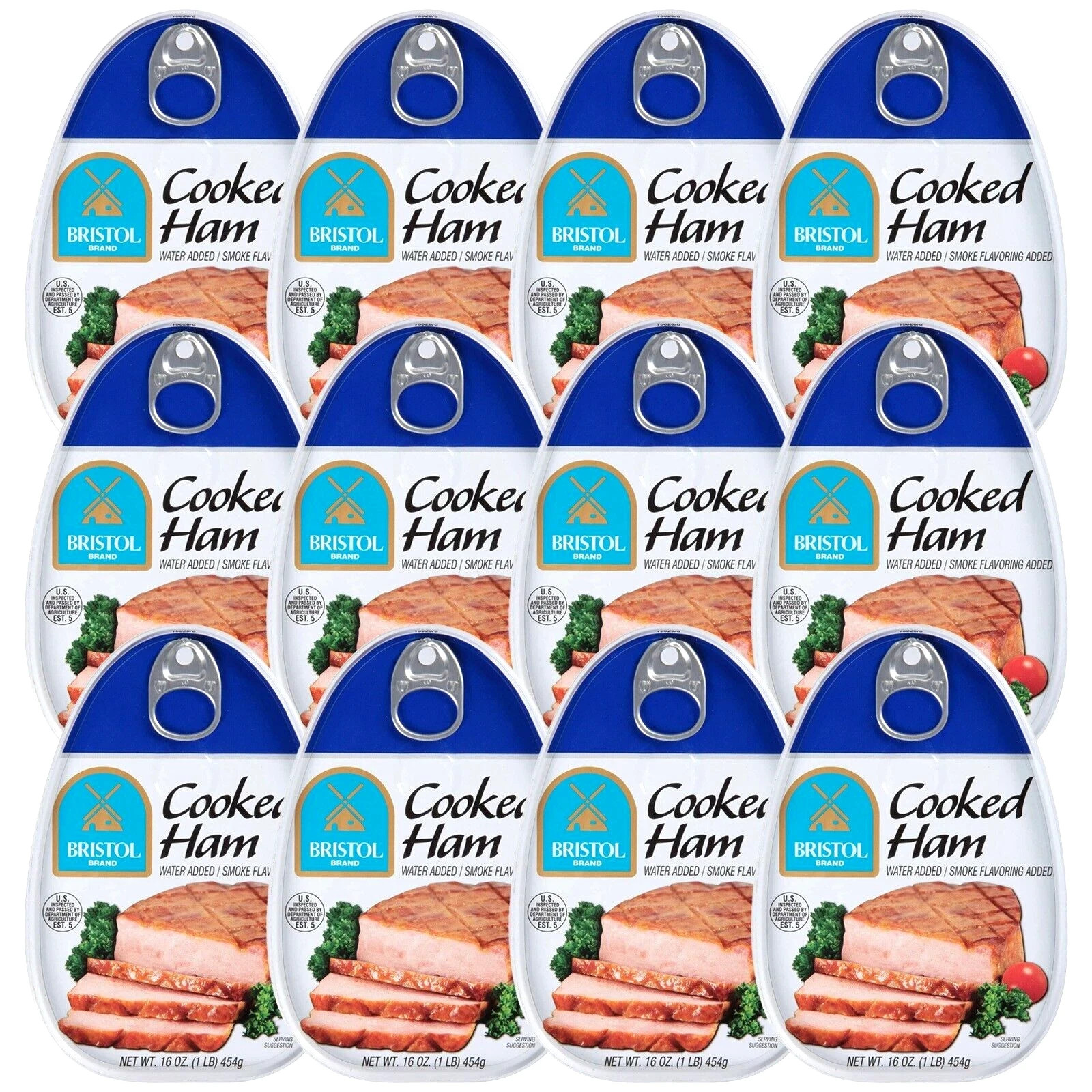 12 Pack Bristol Cooked Canned Ham 16oz Smoke Flavor Picnic Sandwich Meat