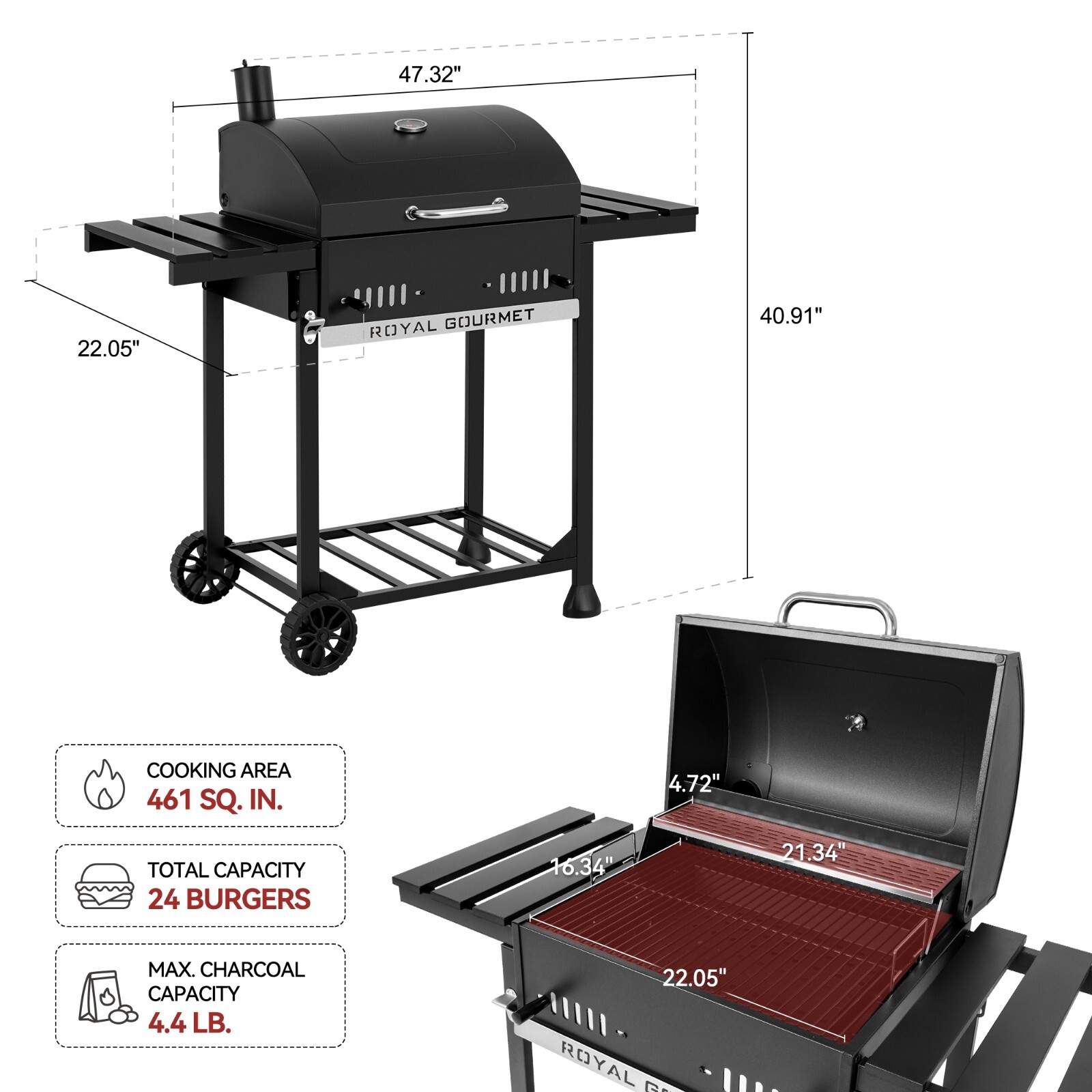Royal Gourmet 24-Inch Movable Charcoal BBQ Grill with Foldable Side Shelves