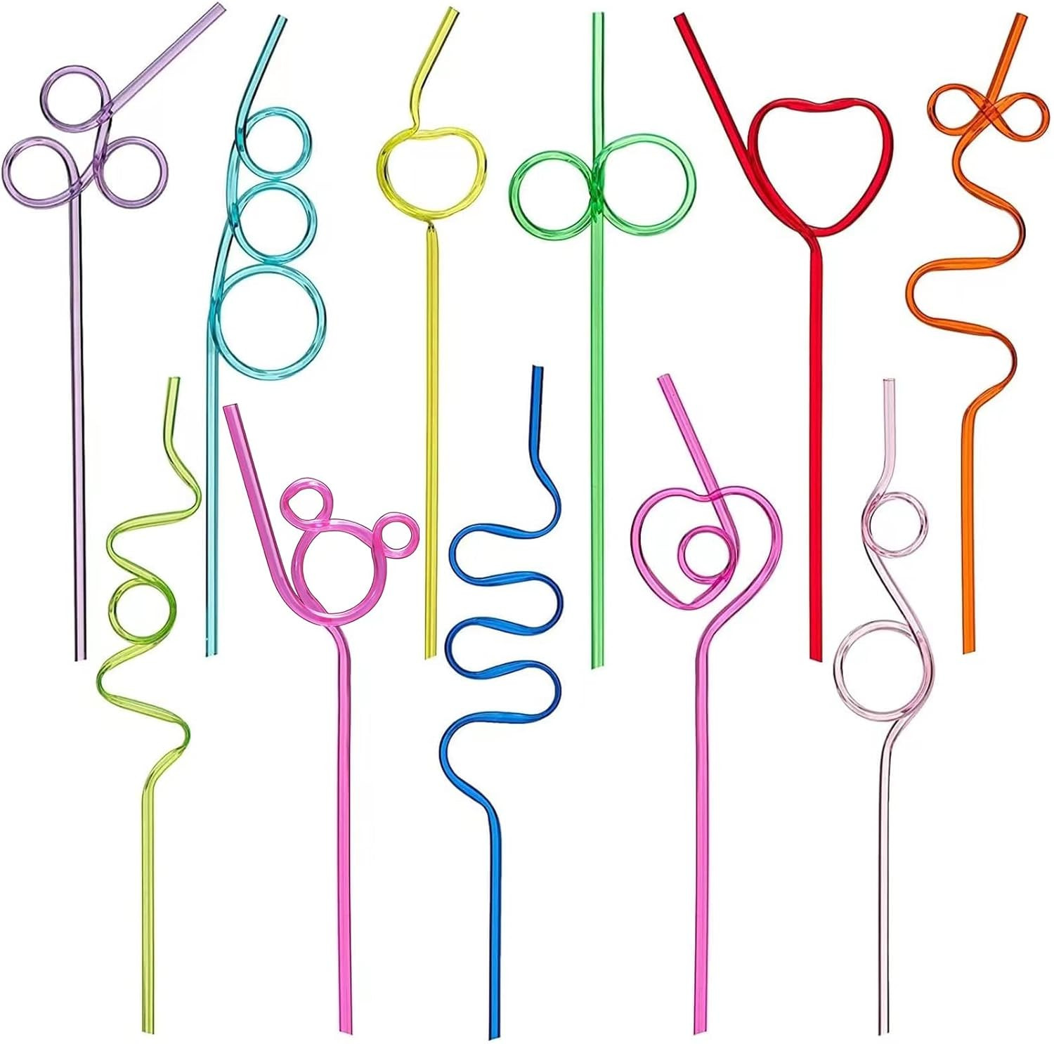 66 Pcs Reusable Plastic Colorful Loop Straws, 11 Different Designs, 10” Silly S