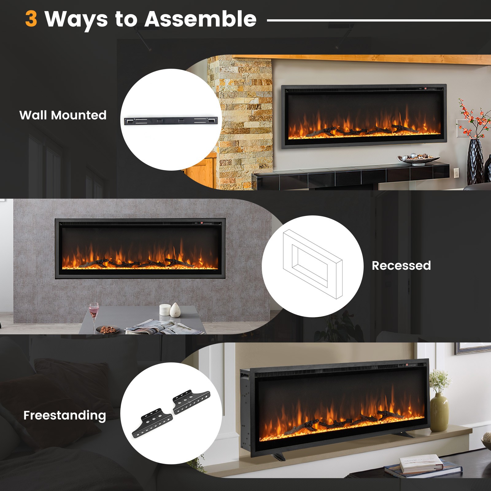 50 Inch Linear Electric Fireplace Heater Wall-Mounted Recessed Freestanding