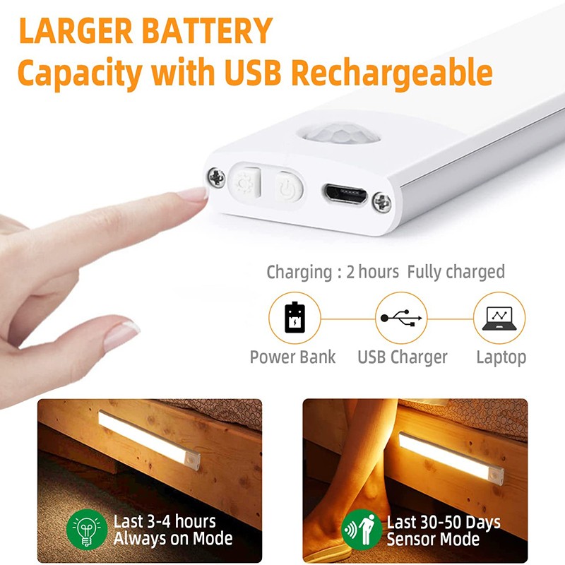 LED Motion Sensor Under Cabinet Closet Light USB Rechargeable Kitchen Strip Lamp