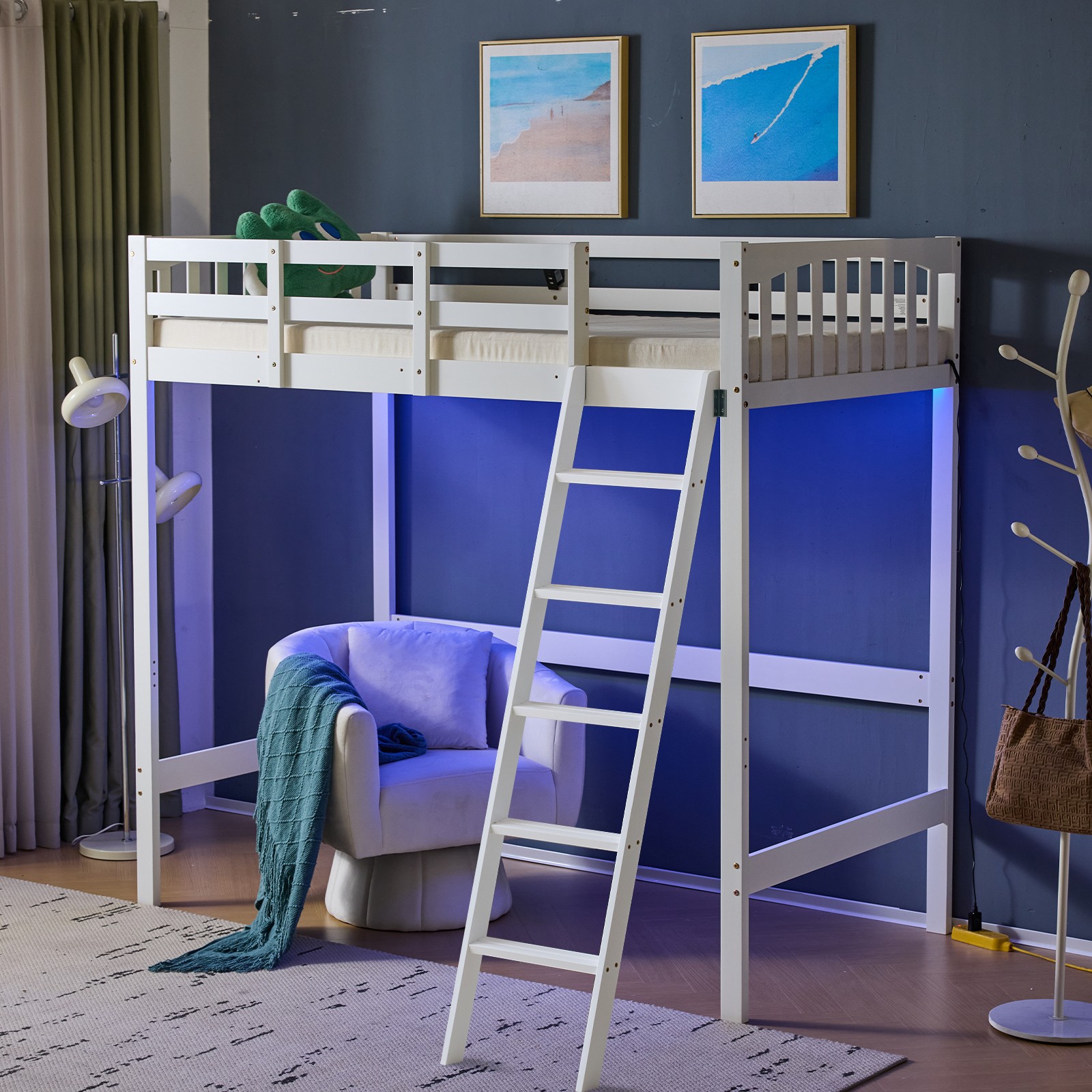 Wood Loft Bed Twin Size with RGB LED 2 Charging Station for Adults Kids Teens