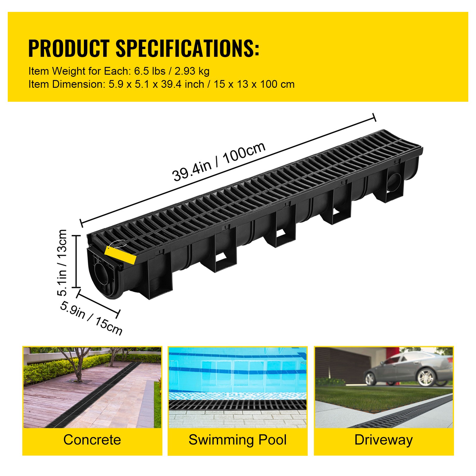 VEVOR Drainage Trench Driveway Channel Drain Kit Plastic Grate-5.8″x5.2″-6 Pack