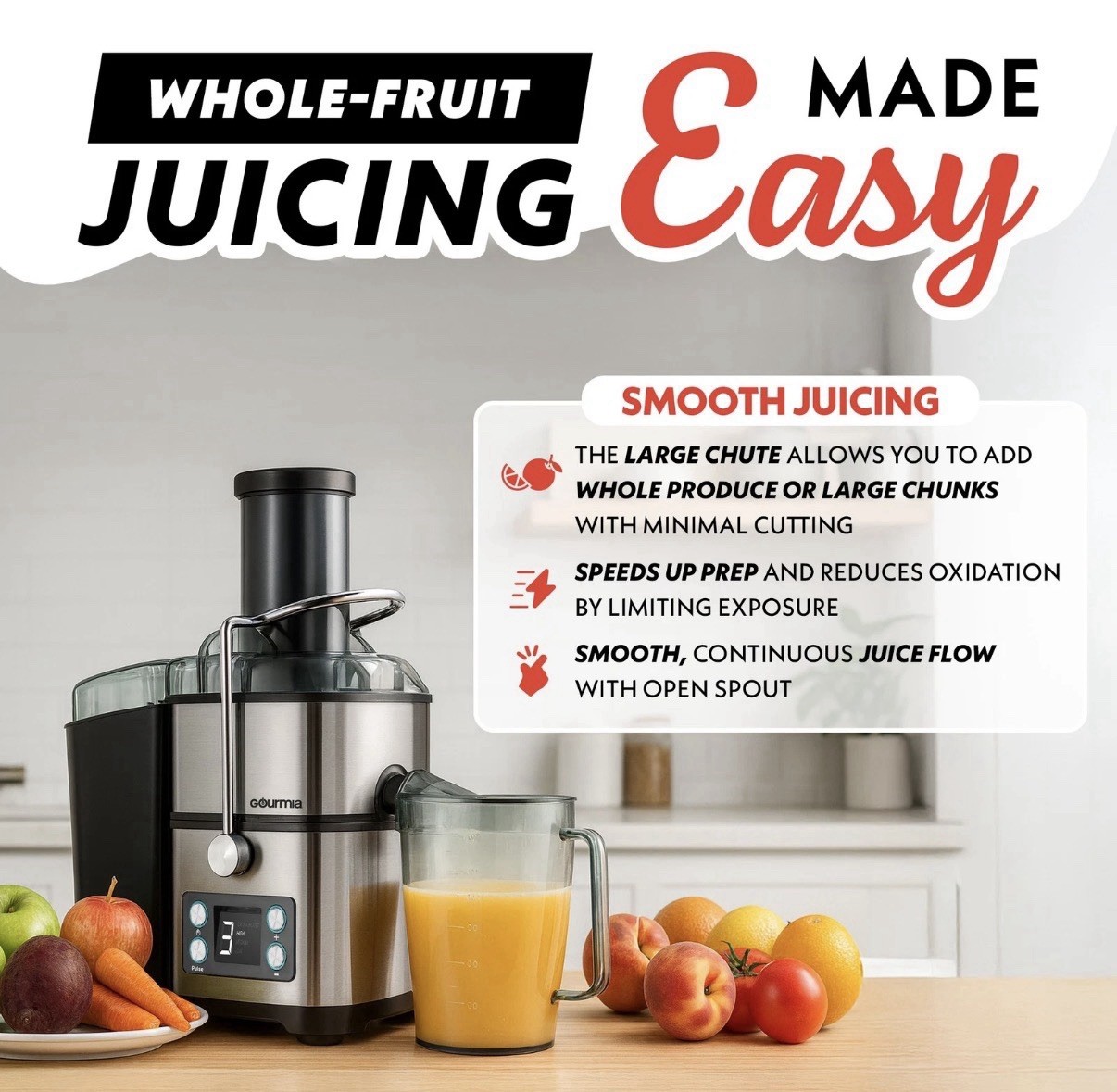Gourmia Whole Fruit Extraction Centrifugal Juicer 800W 6-Speed Self-Cleaning