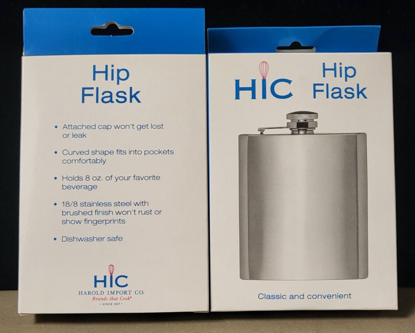 HIC Hip Flask, 8-Ounce, 18/8 Stainless Steel, 2 pack