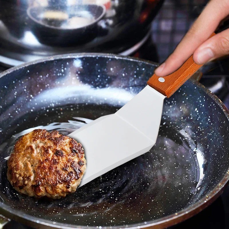 Metal Spatula Beveled Edges, Stainless Steel Spatula with Wood Handle *