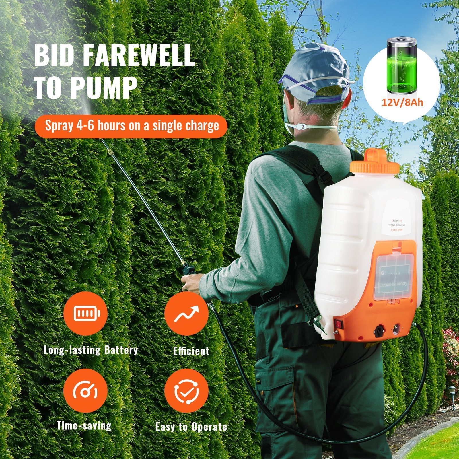 Battery Powered Backpack Sprayer 4 Gal Tank 0-90 PSI Adjustable Pressure ~ H