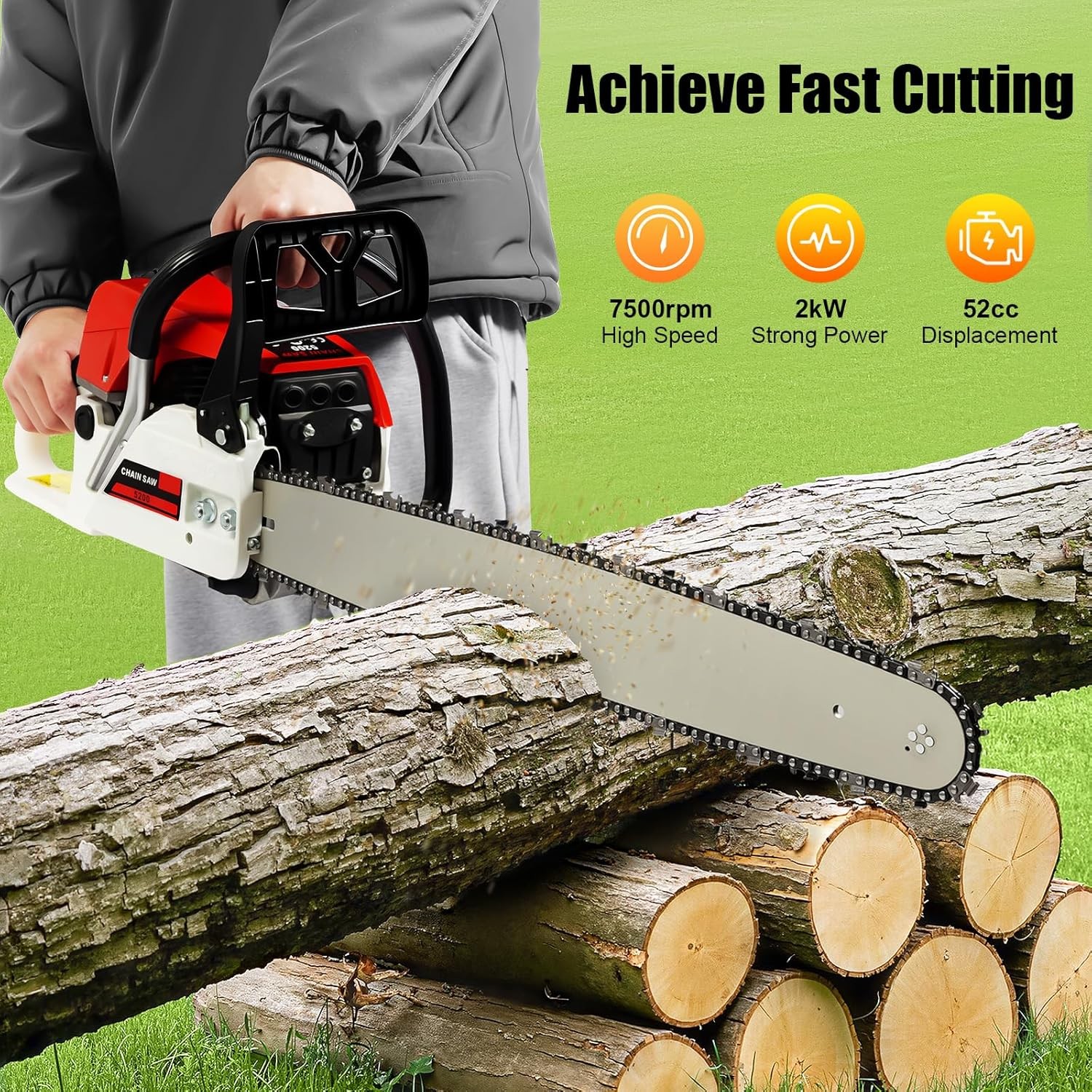 2-Stroke Gasoline Chainsaw 52 CC 20″ Bar Power Engine Wood Cutting Gas Chain Saw