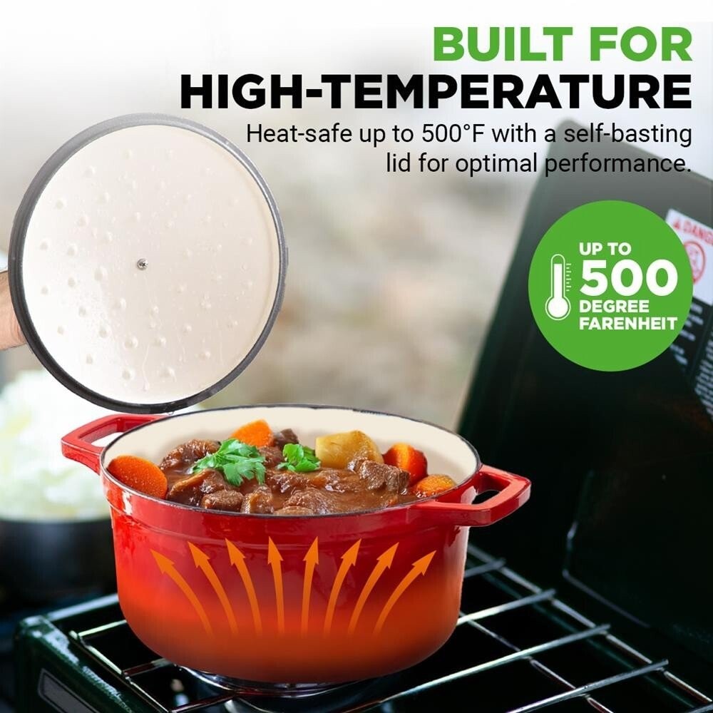 NutriChef 12.7 in x 9.8 in 5qt Dutch Oven Pot Cast Iron & Enameled Red