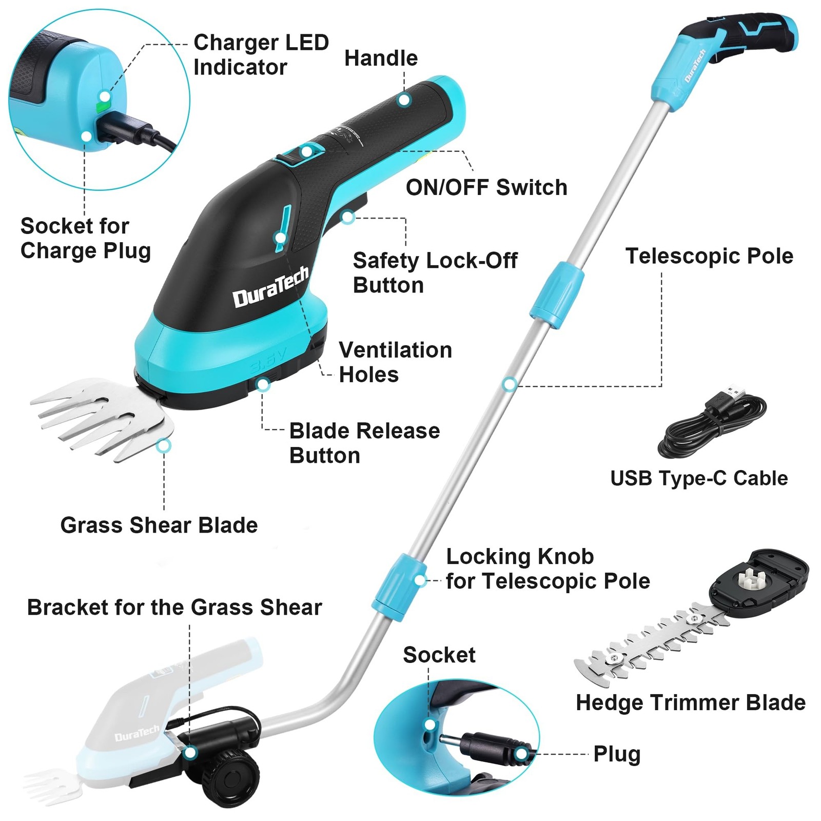 DURATECH 3.6V 3-in-1 Cordless Hedge Trimmer 50″ Wheeled Extension Pole USB-C