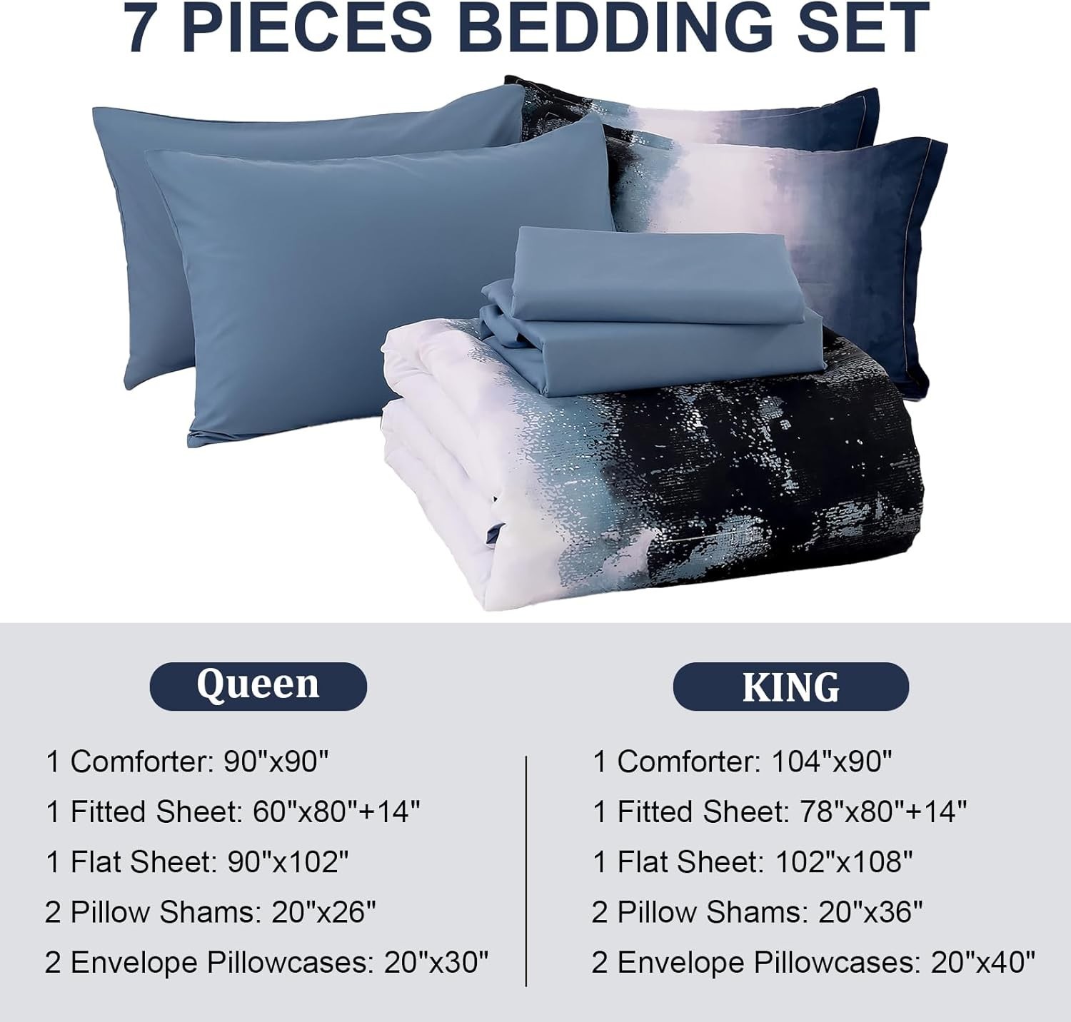 Ombre Blue Comforter Set Queen – 7 Piece Boho Bedding for Teens & Adults