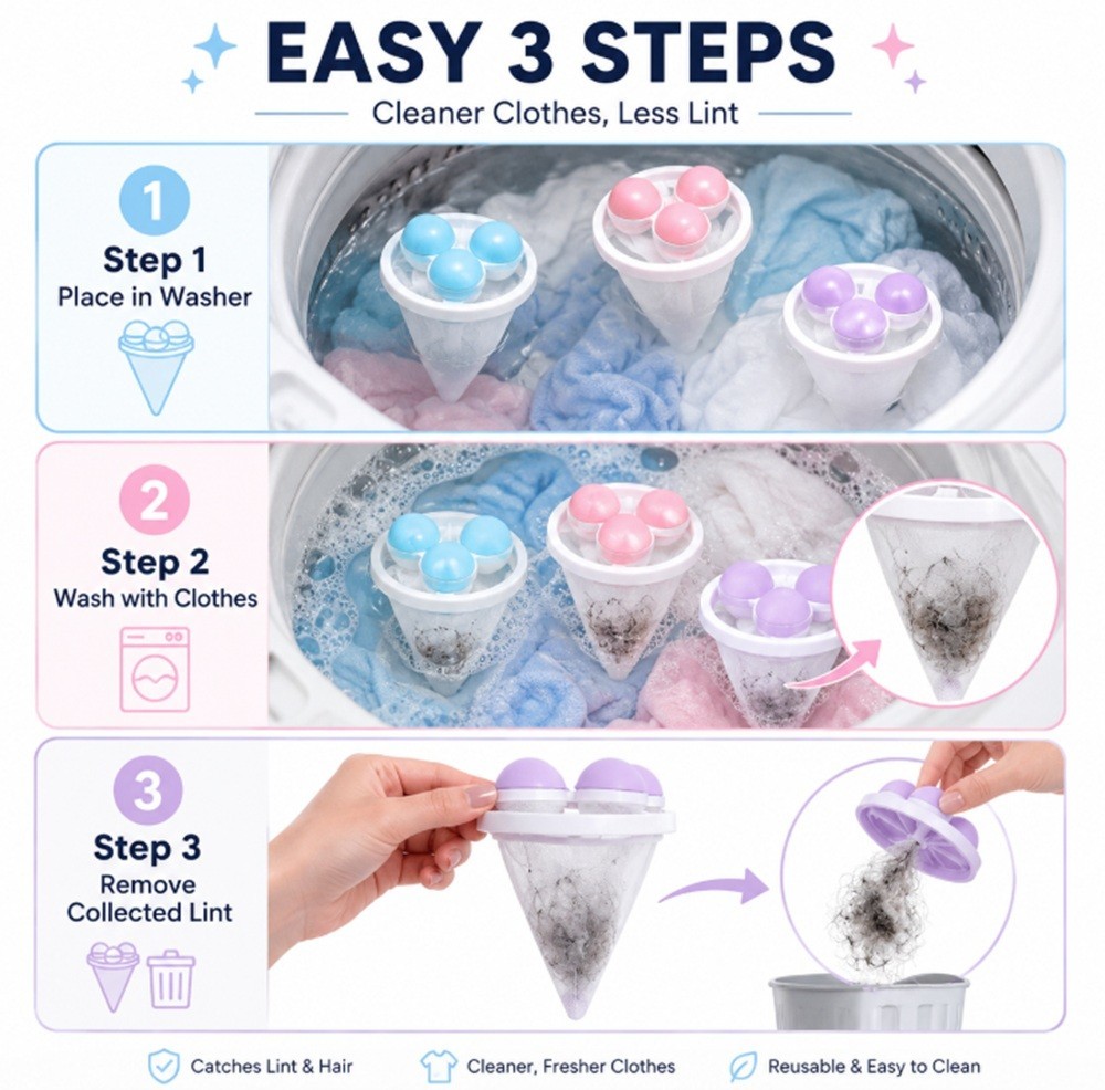 3 Reusable Laundry Lint Catcher & Pet Hair Remover Washing Machine Lint Mesh Bag