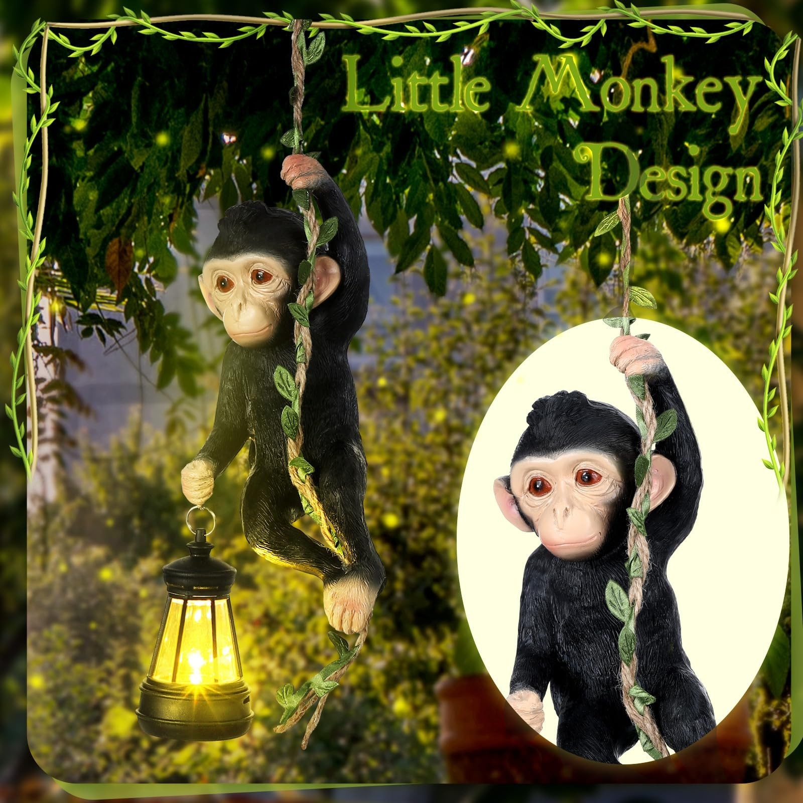 Solar Light Outdoor Monkey Statues Black 7.48 Inch Resin Chimpanzee Baby Monk…