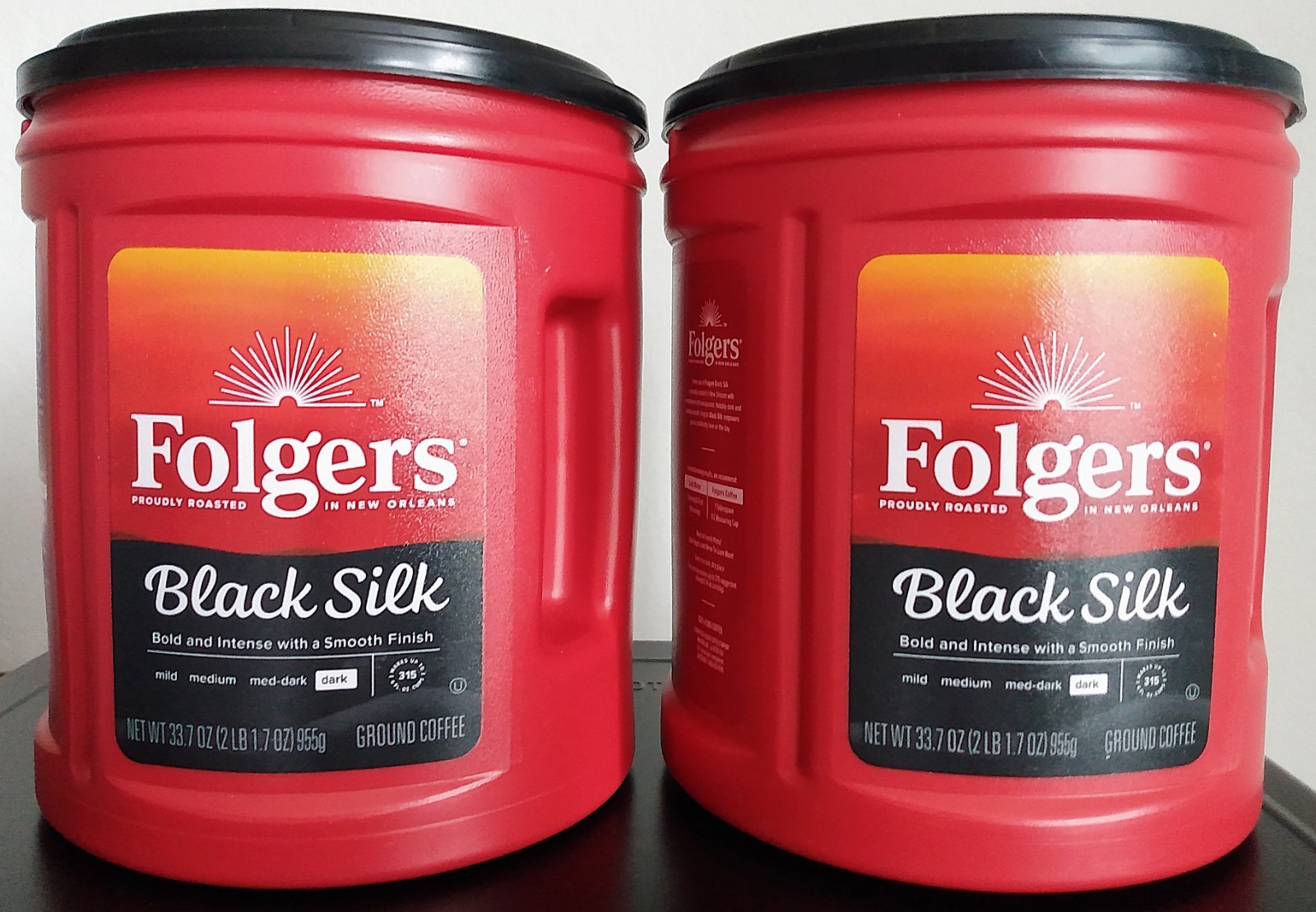 LOT of 2 NEW CANS FOLGERS BLACK SILK DARK COFFEE 33.7 OZ (2 LB 1.7 OZ) EACH!