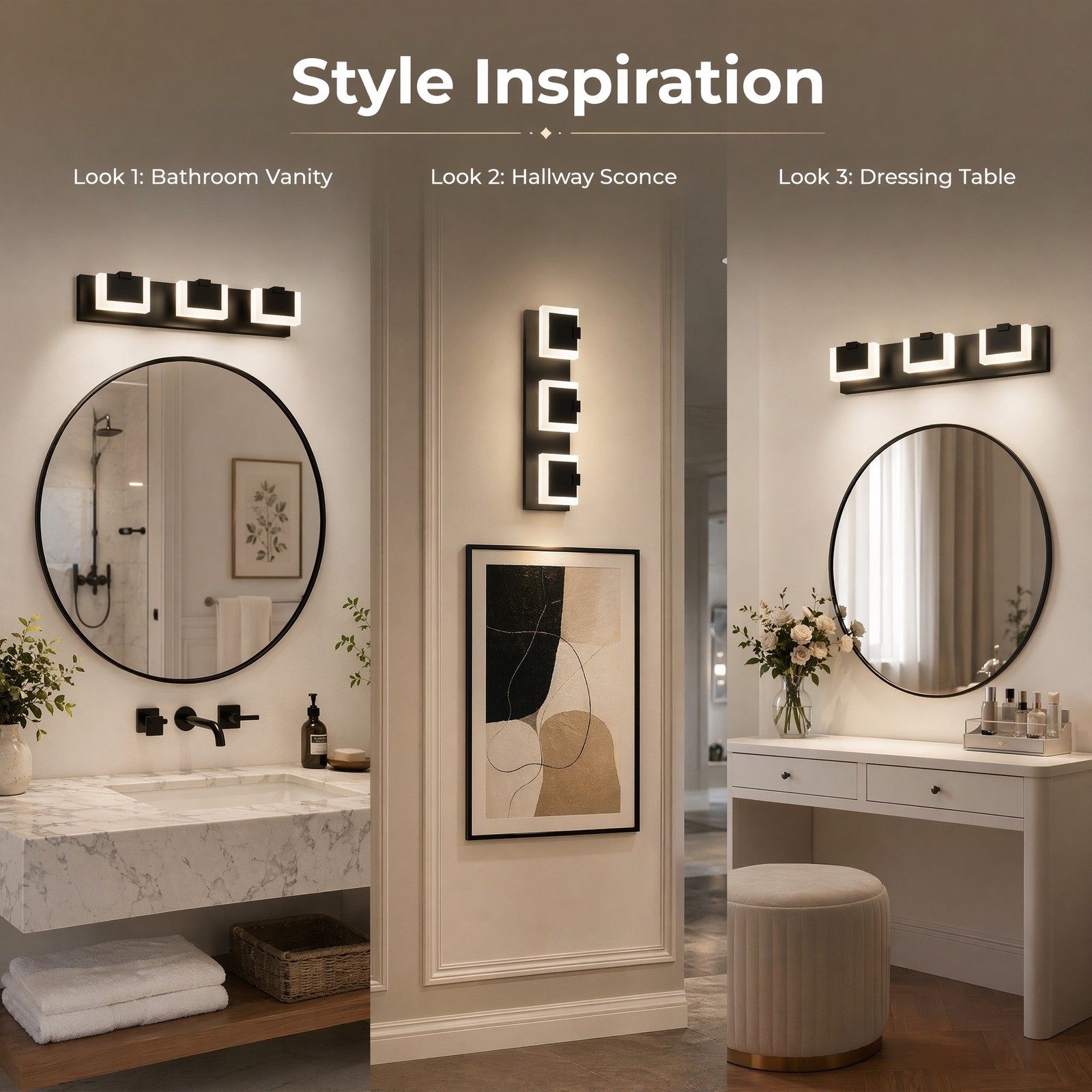 22 in 3 Light Black Dimmable LED Vanity Bathroom Over Mirror Wall Sconce Fixture