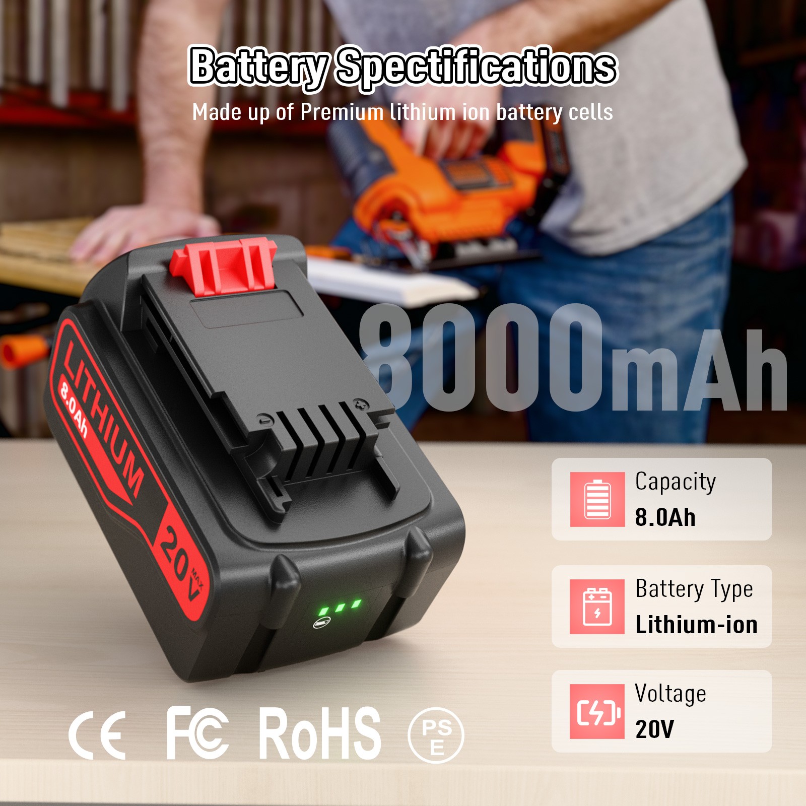 8.0AH Lithium-ion Battery pack for BLACK+DECKER 20V LBXR20 LBX20 LB2X4020