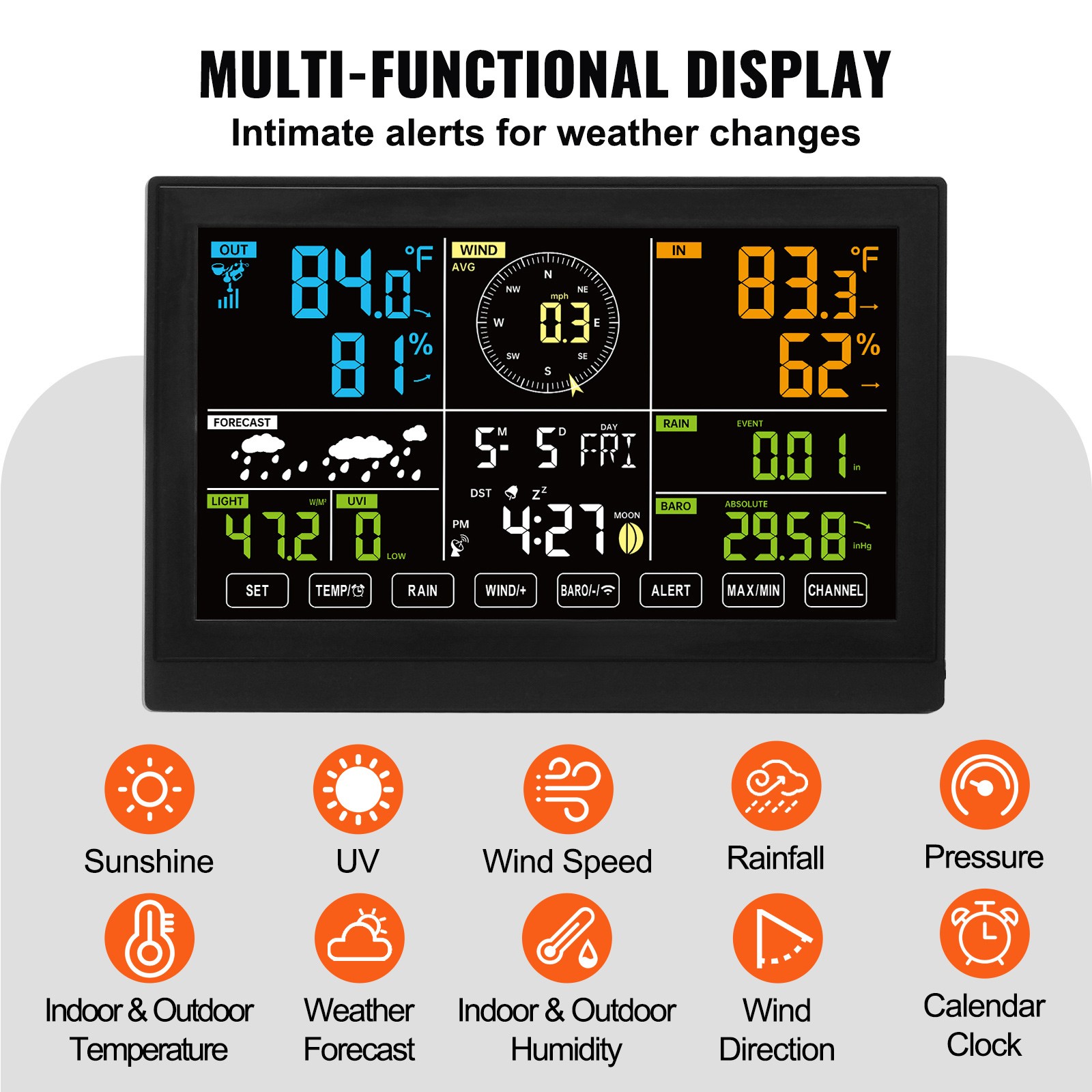VEVOR 7-in-1 Wireless Weather Station 7.5 in Large Display for Indoor Outdoor