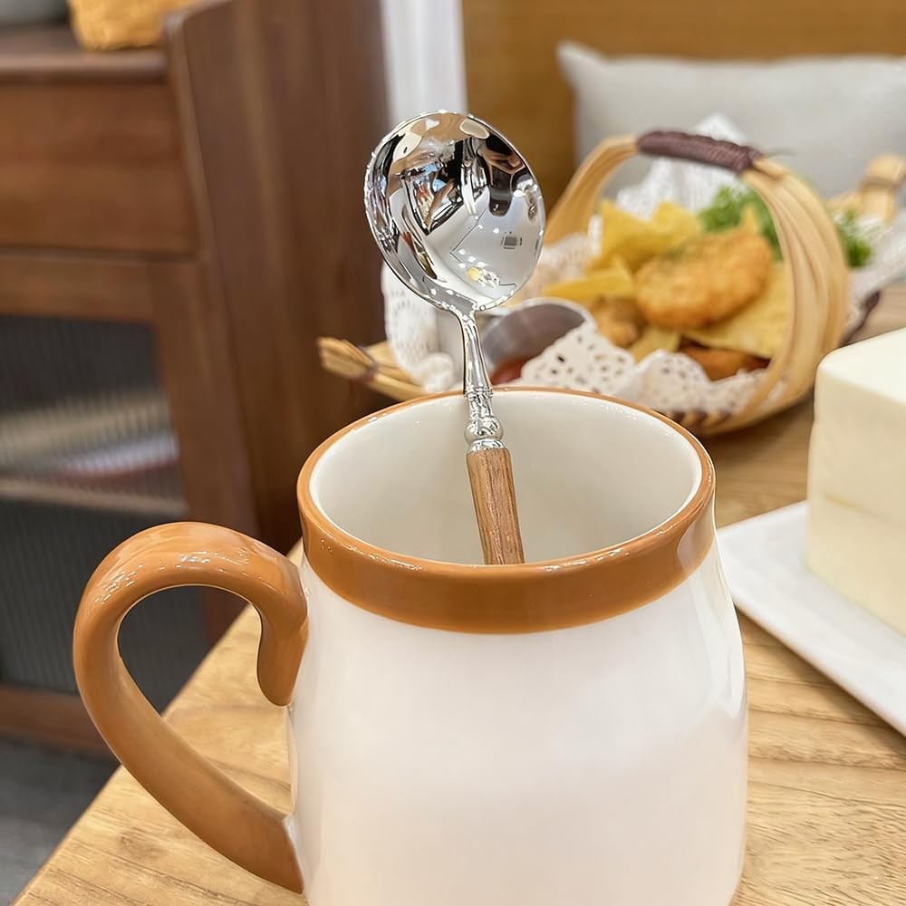 2Pcs Round Spoon Imitation Wood Handle Ice Cream Dessert Coffee Soup Spoons