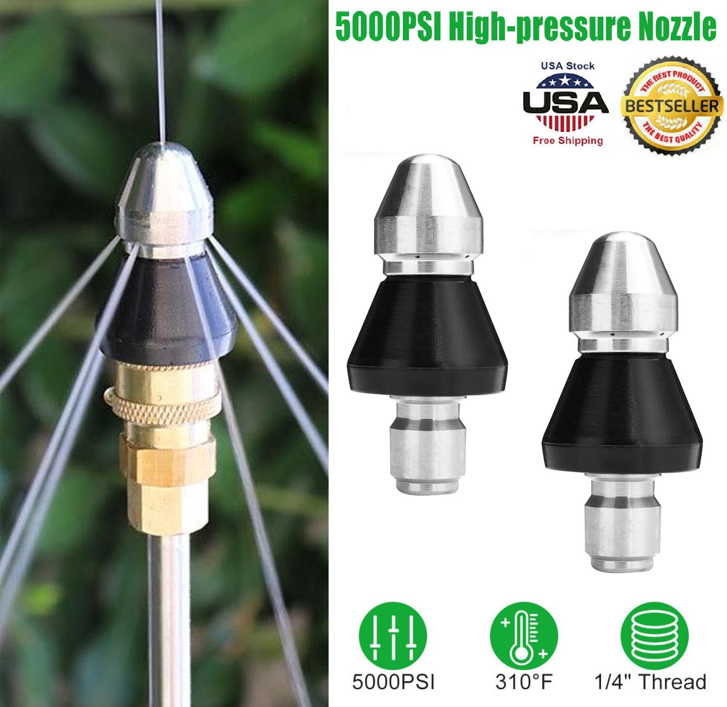 Sewer Cleaning Tool High-pressure Nozzle 5000psi Pipe Cleaner 1/4″ Connector USA