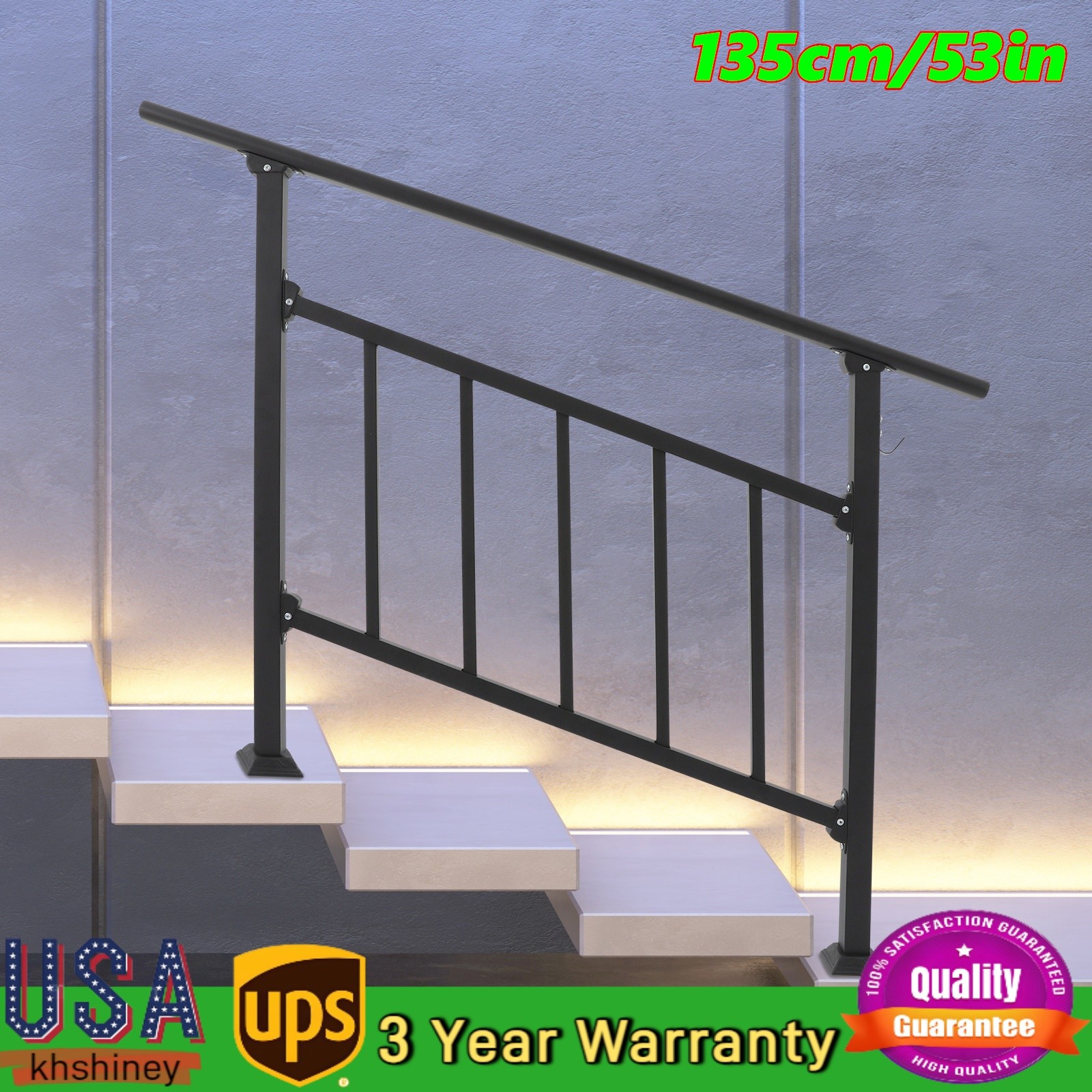 4 Steps Handrails 53x37in Stair Railing Carbon Steel Handrails W/ Safe Fences