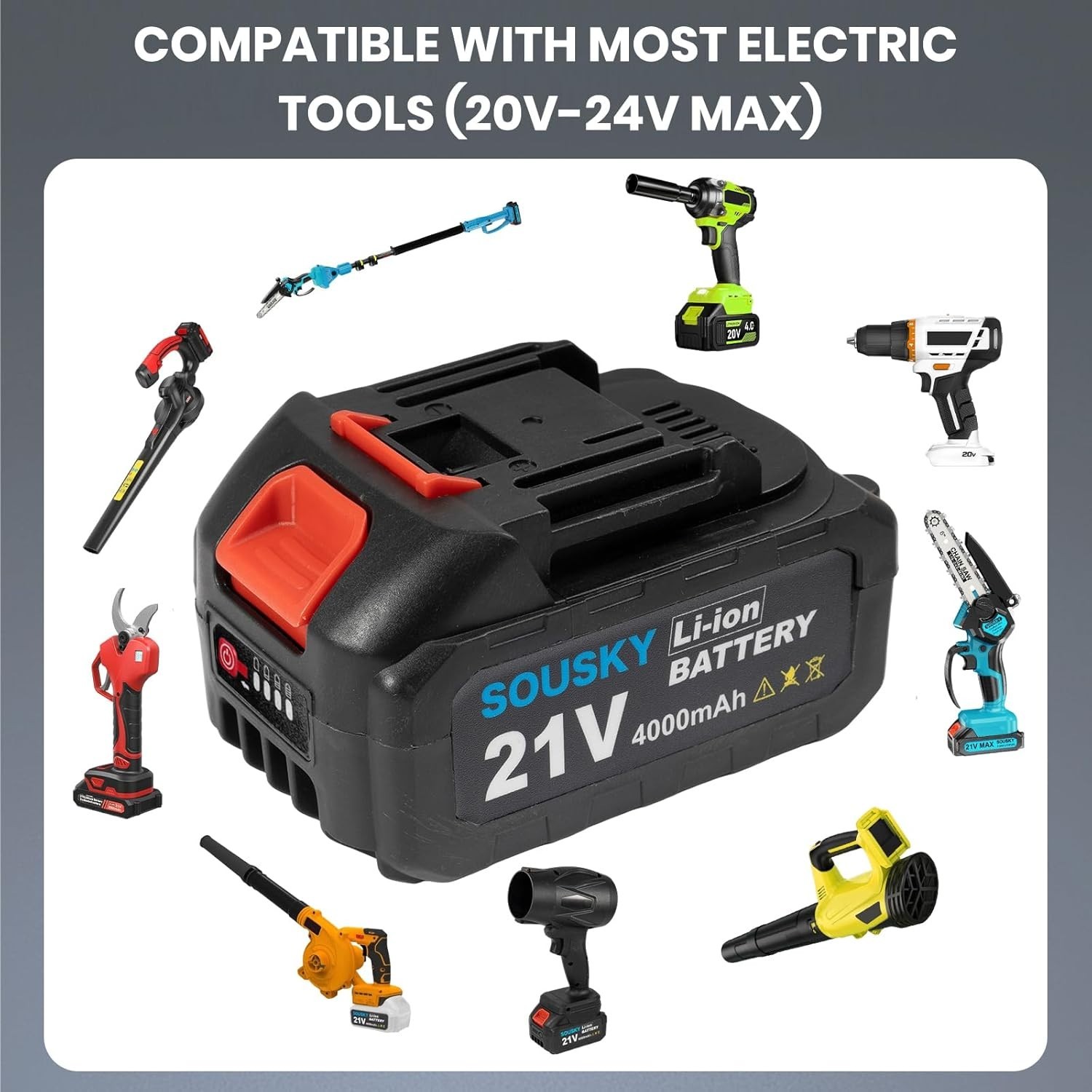 Mini Chainsaw Battery, 21V 4000mAh Lithium Battery with Electric Quantity Dis…