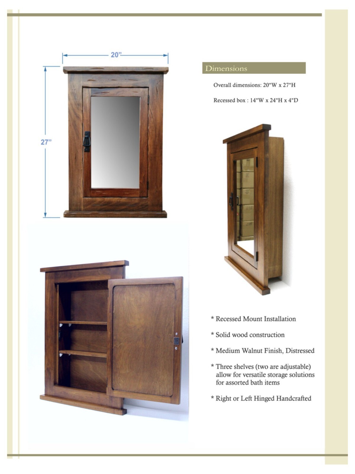Rustic Mission Recessed Medicine Cabinet / Medium Finish / Handcrafted