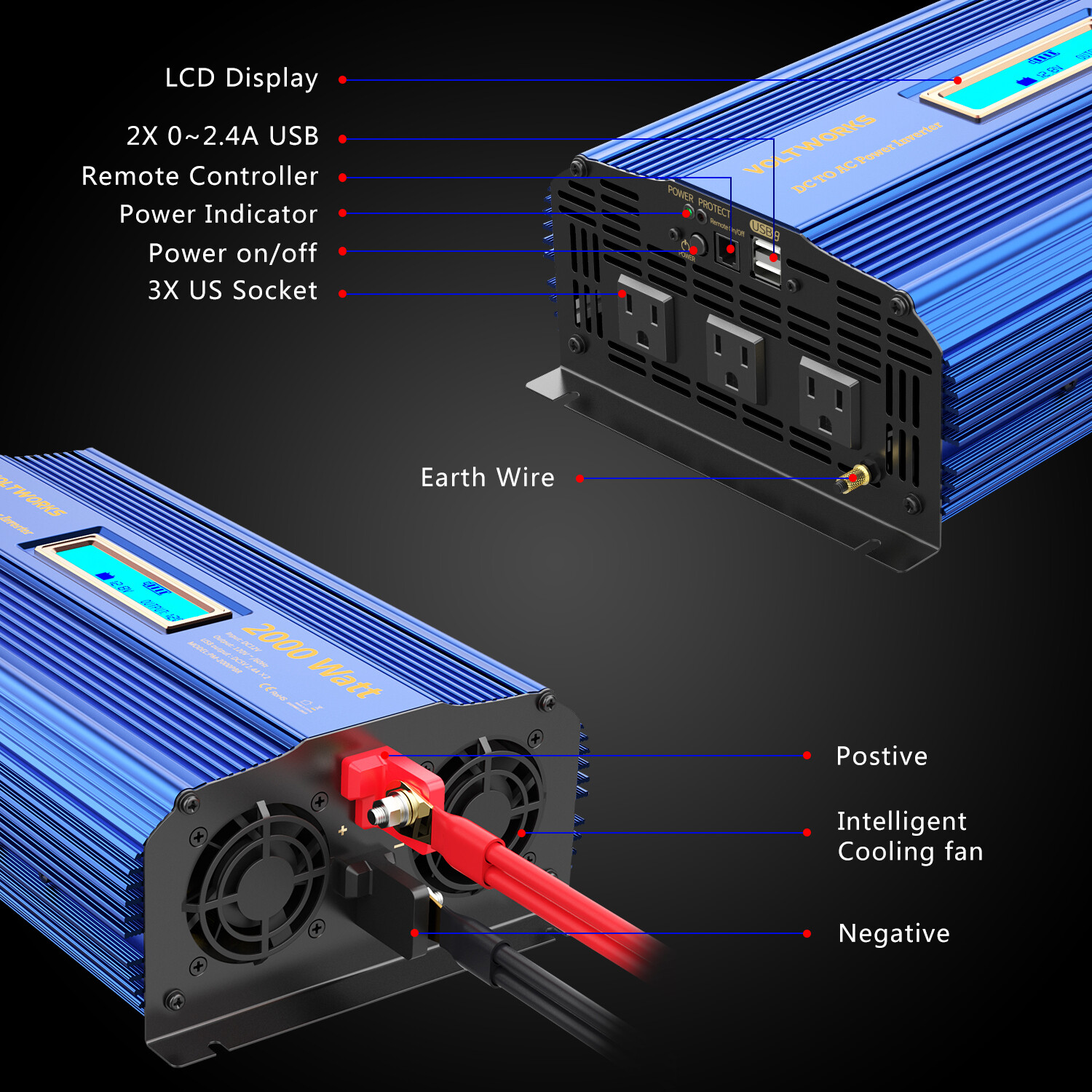 Power Inverter 2000W 12V to110V~120V Modified Sine Wave USA Transistors