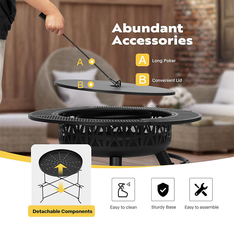35” Outdoor Wood Burning Round Fire Pit Barbecue Pit BBQ Backyard Fireplace