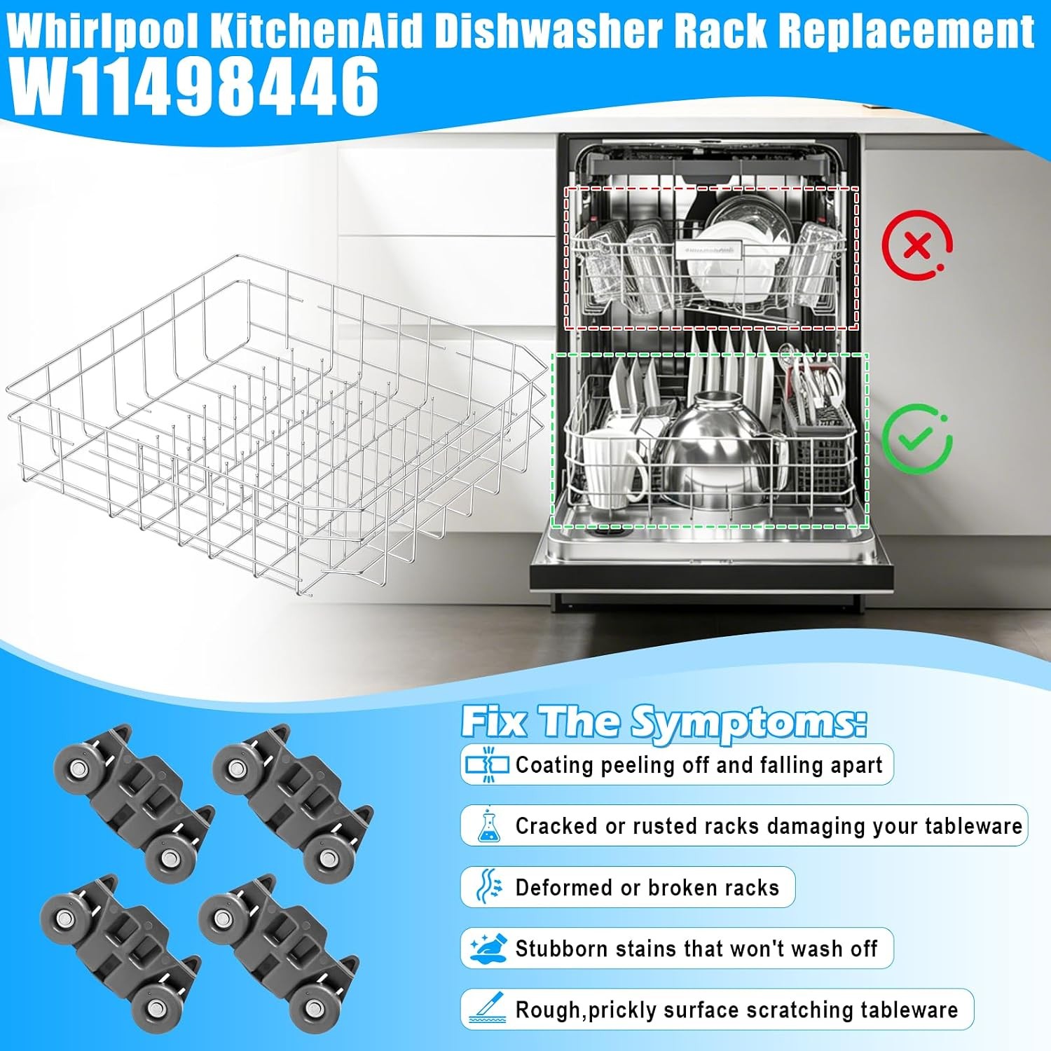 304 Stainless Steel W11498446 Dishwasher Lower Dishrack For Whirlpool WD28X10309