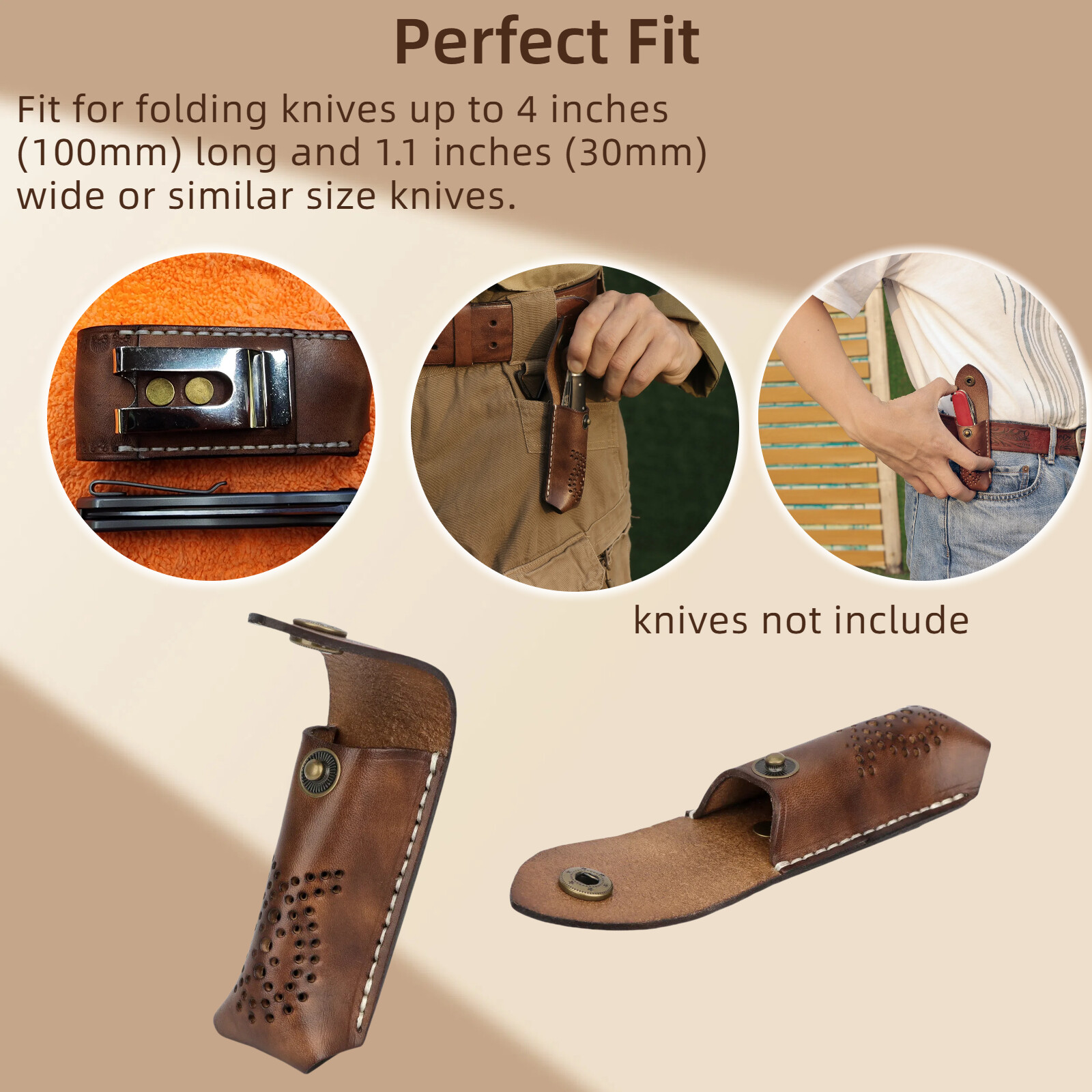 TOURBON Leather 3.5in Folding Blade Knife Sheath Knives Case Belt Pouch Holster