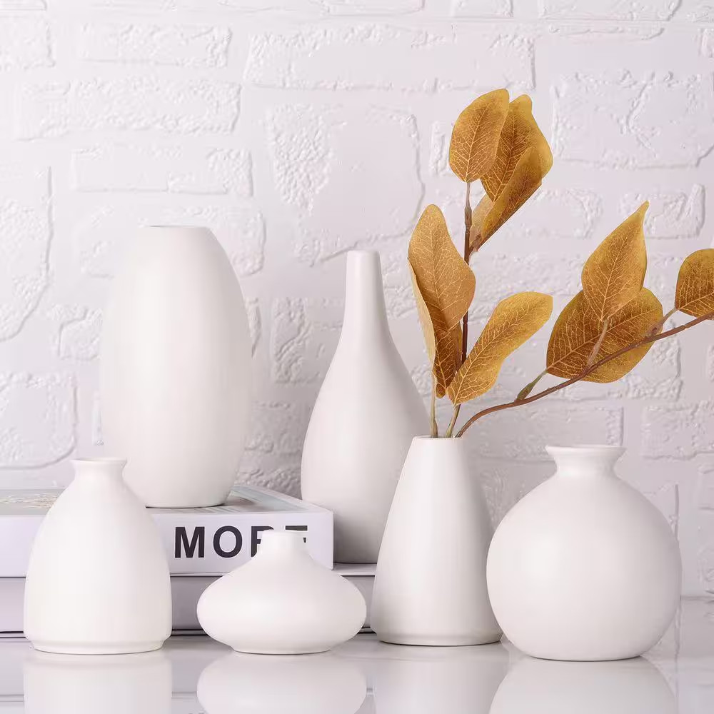 6.7 in Small White Vases for Flowers, Ceramic Bud Vase Bulk Boho Centerpieces, S