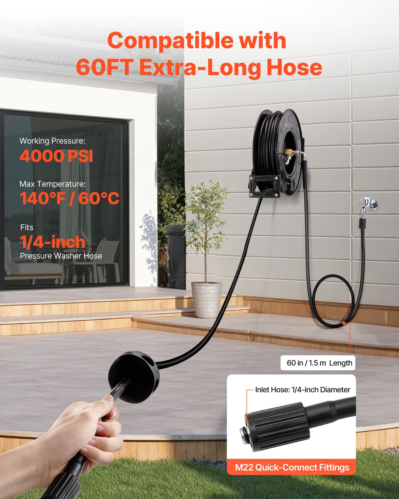 VEVOR Pressure Washer Hose Reel 60ft x 1/4in Retractable 4000PSI Auto-Rewinding
