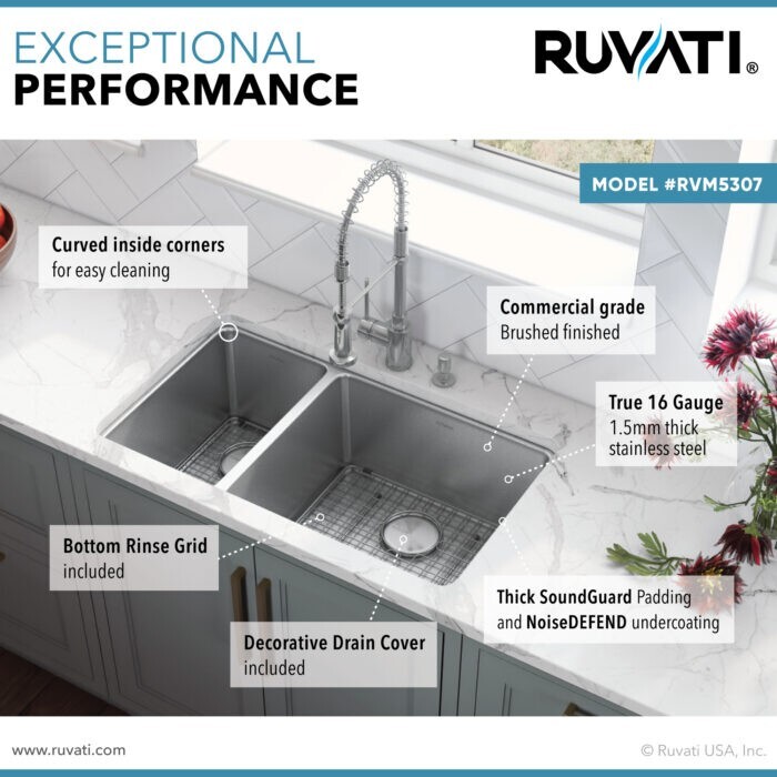 Ruvati 32″ Undermount 30/70 Double Bowl 16 Gauge Kitchen Sink – RVM5307