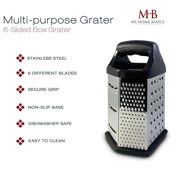 Box Graters for Kitchen, 6 Sided, Multi-purpose Cheese/Veggies, Stainless Steel