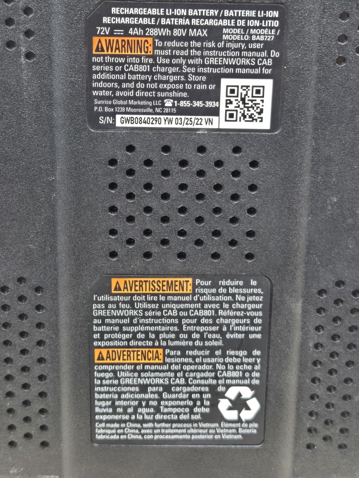 Parts Repair .GreenWorks Pro BAB727 80V Lithium-Ion Battery 4Ah – 80v. As Is.