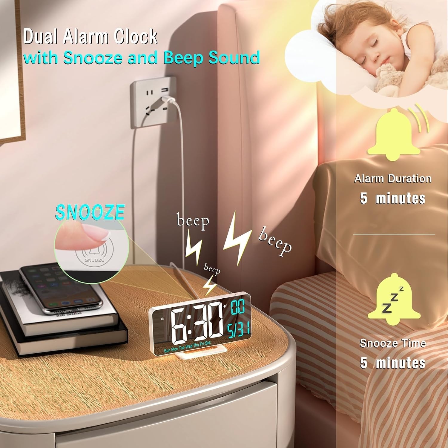 Digital LED Clocks for Bedrooms 6.7in White Alarm Clock, Dimming, 12/24h, Dat…