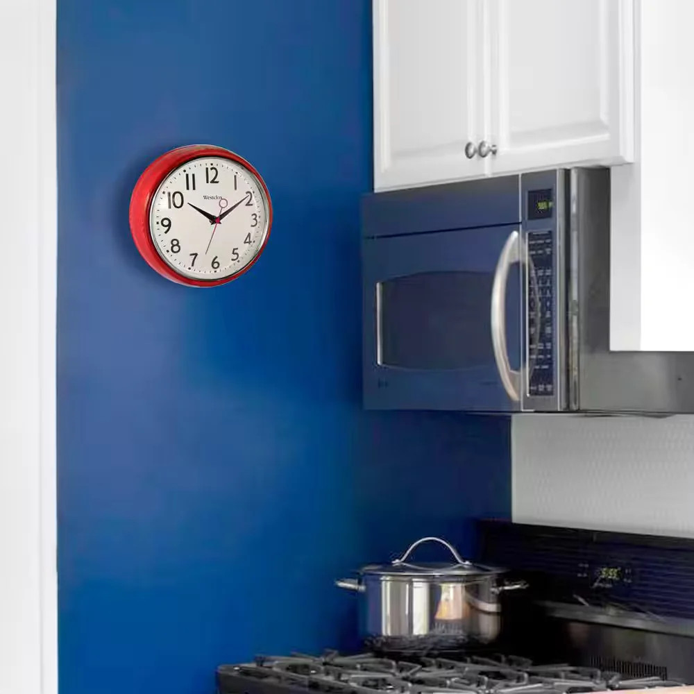 Westclox Retro Wall Clock Red 12 Inch Round Analog Quartz Kitchen Chrome Bezel