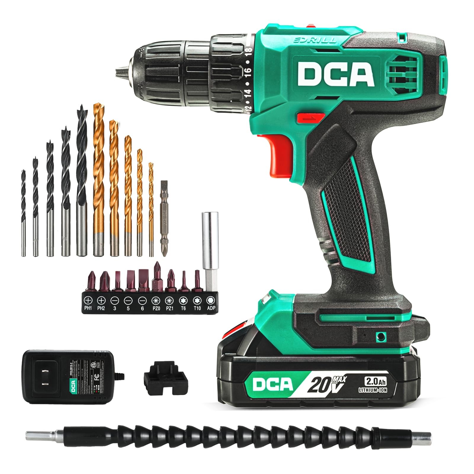 DCA Cordless Drill Set, 354 in-lbs Torque, 3/8″ Keyless Chuck, Electric Green