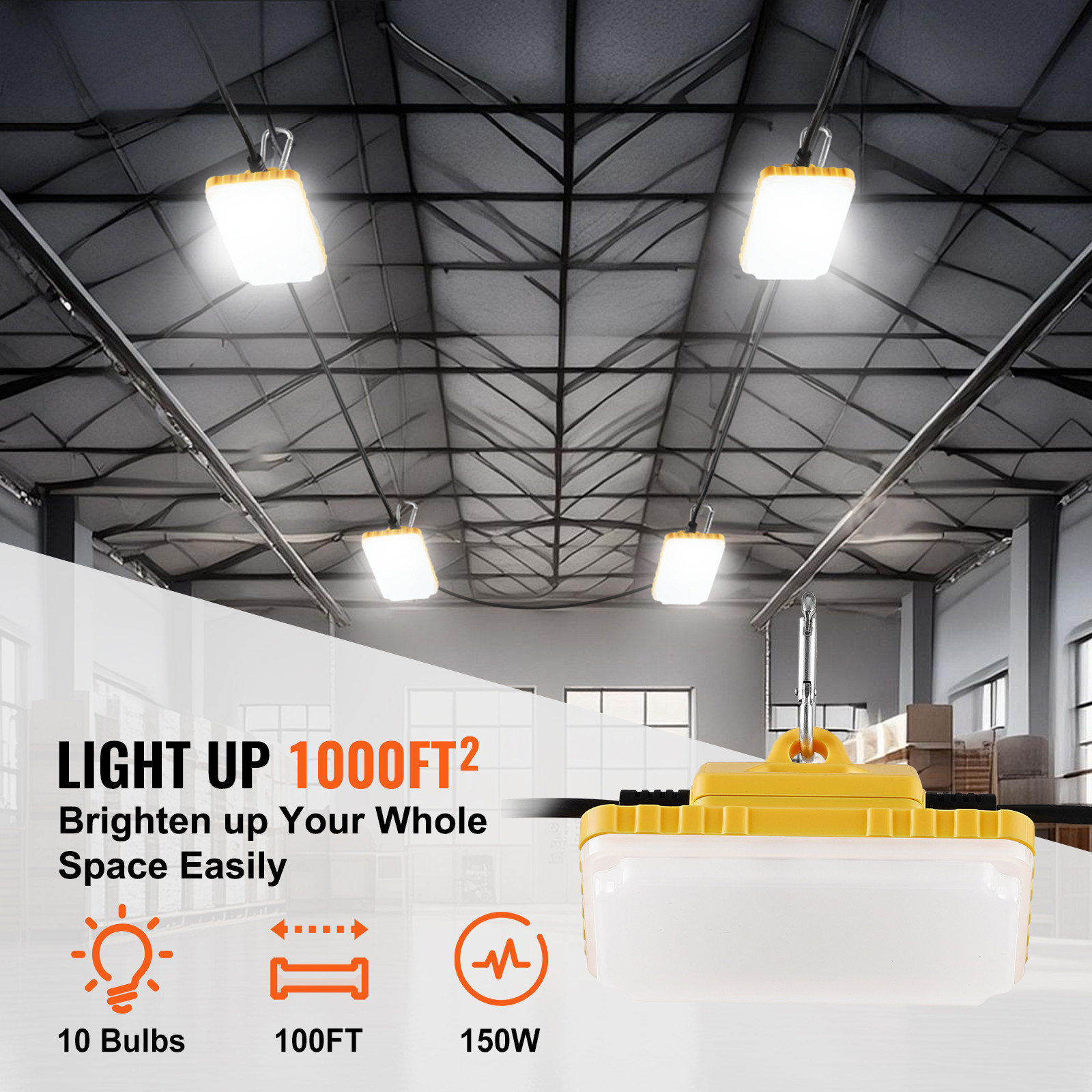 VEVOR 100FT Construction String Lights 150W 15000LM Connectable Waterproof