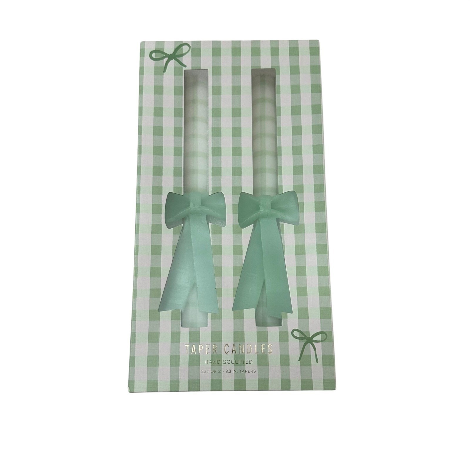 Anthropologie Green Gingham Bow Taper Candles Set of 2 Hand Sculpted 9.8 in NEW