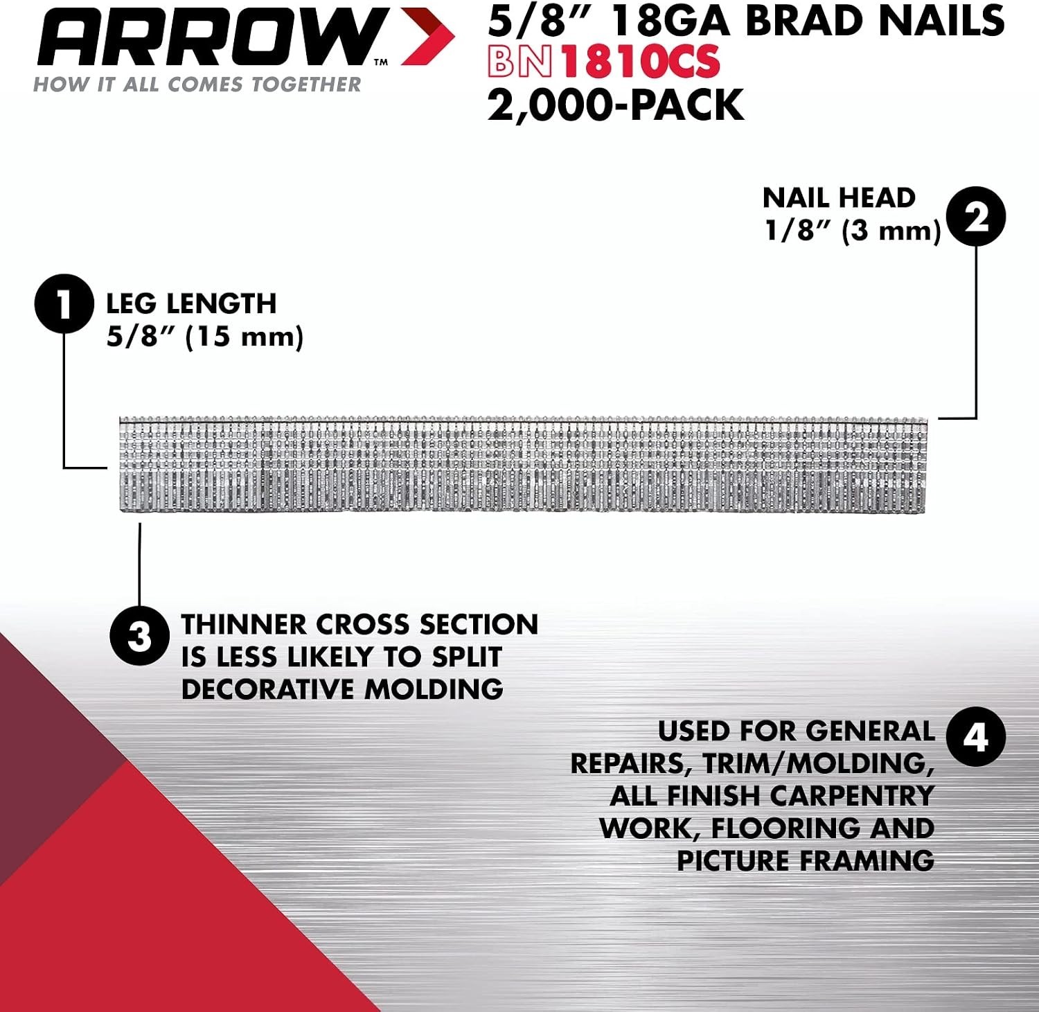 Versatile 5/8 Inch Arrow 18-Gauge Brad Nails – 1000 Count, Perfect for Framing