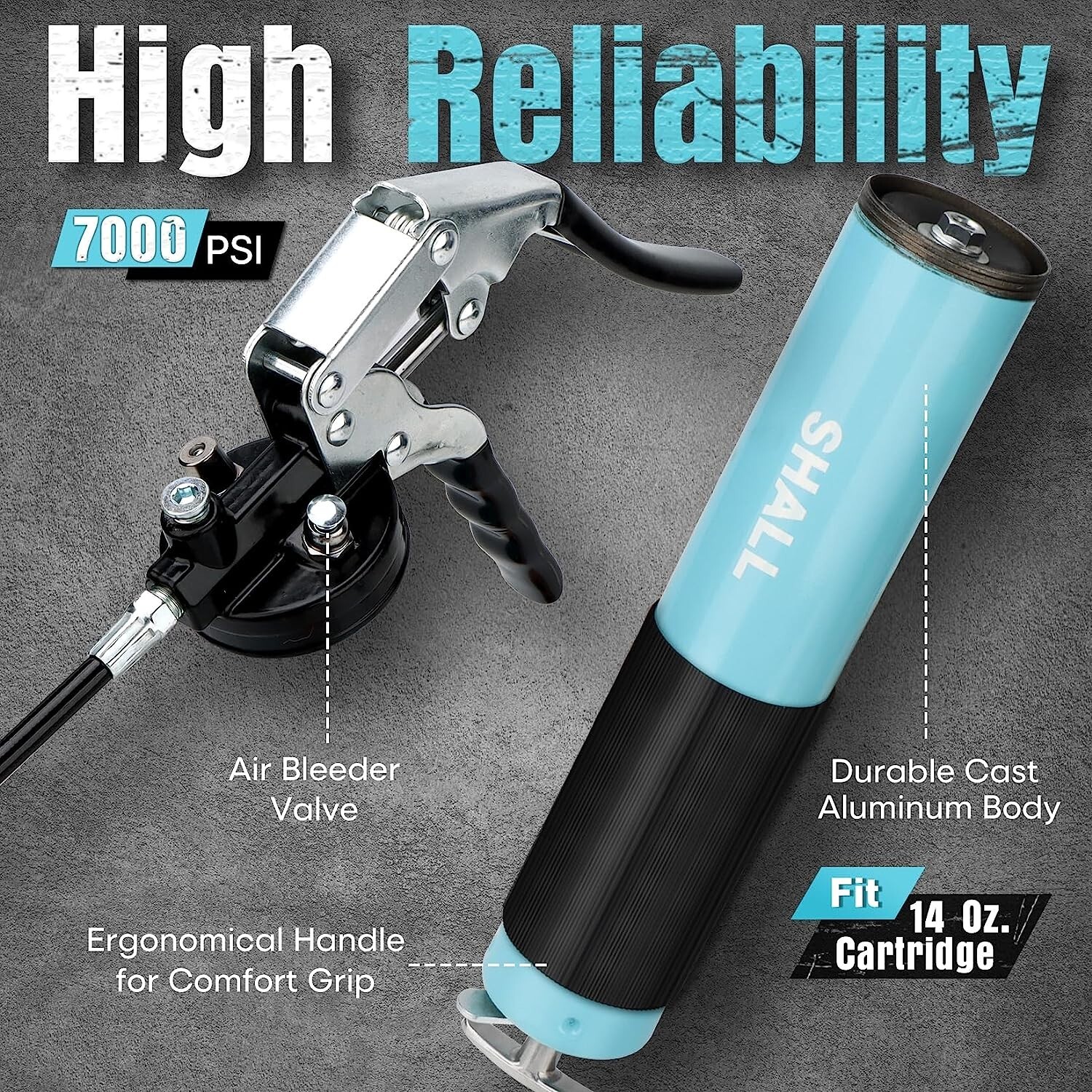 SHALL Professional Heavy Grease Gun, 7000 PSI Heavy Duty Pistol Grip Grease Gun