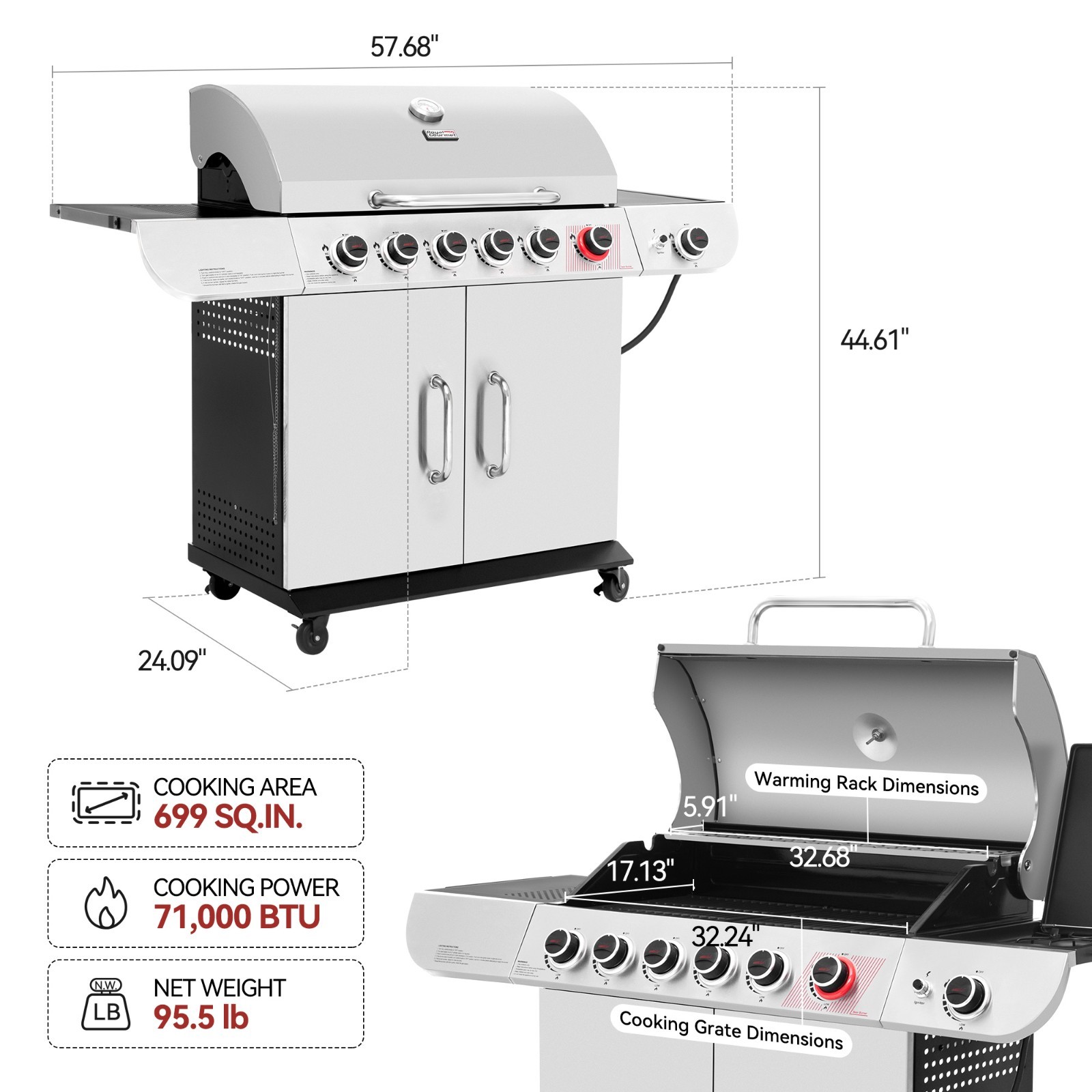 Royal Gourmet 6-Burner Gas Grill with Sear Burner ,Side Burner,and cover ,Silver