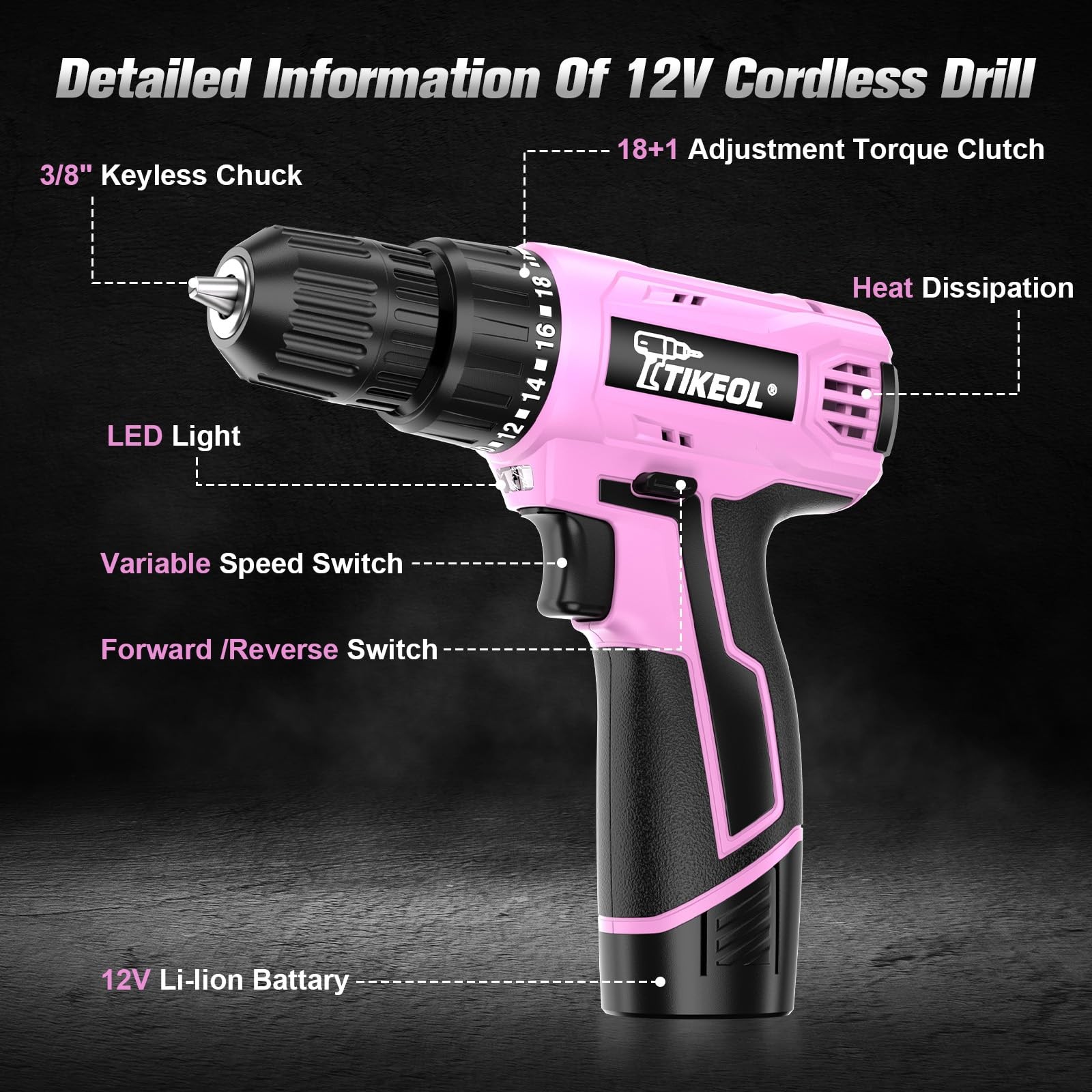 12V Cordless Drill Set with Battery & Charger, Electric Power Drill with Pure Co