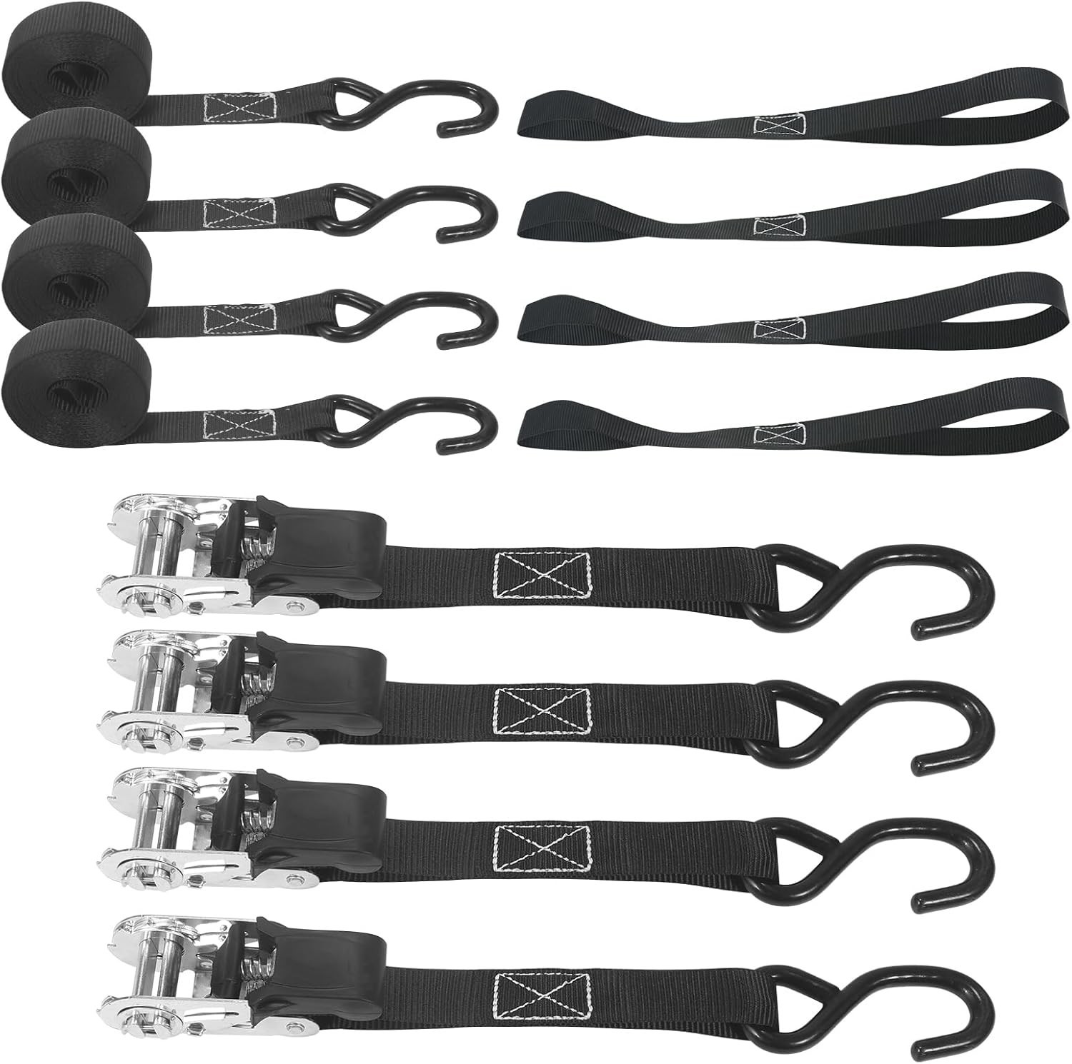 Rhino USA Retractable Ratchet Straps (4-Pack) – 1 Inch x 15 Feet (1,650lb Break