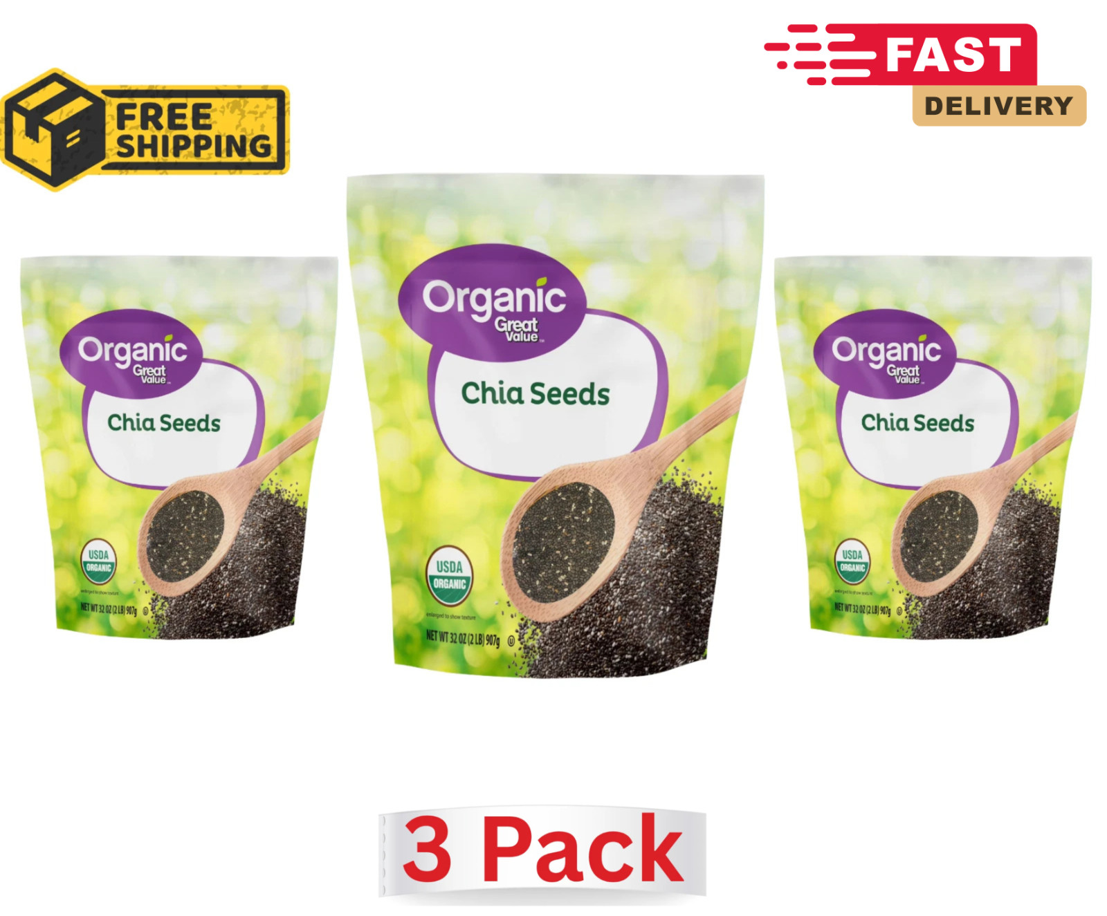 Great Value Organic Chia Seeds 32 oz each (pack of 3) USDA Organic, Gluten-Free